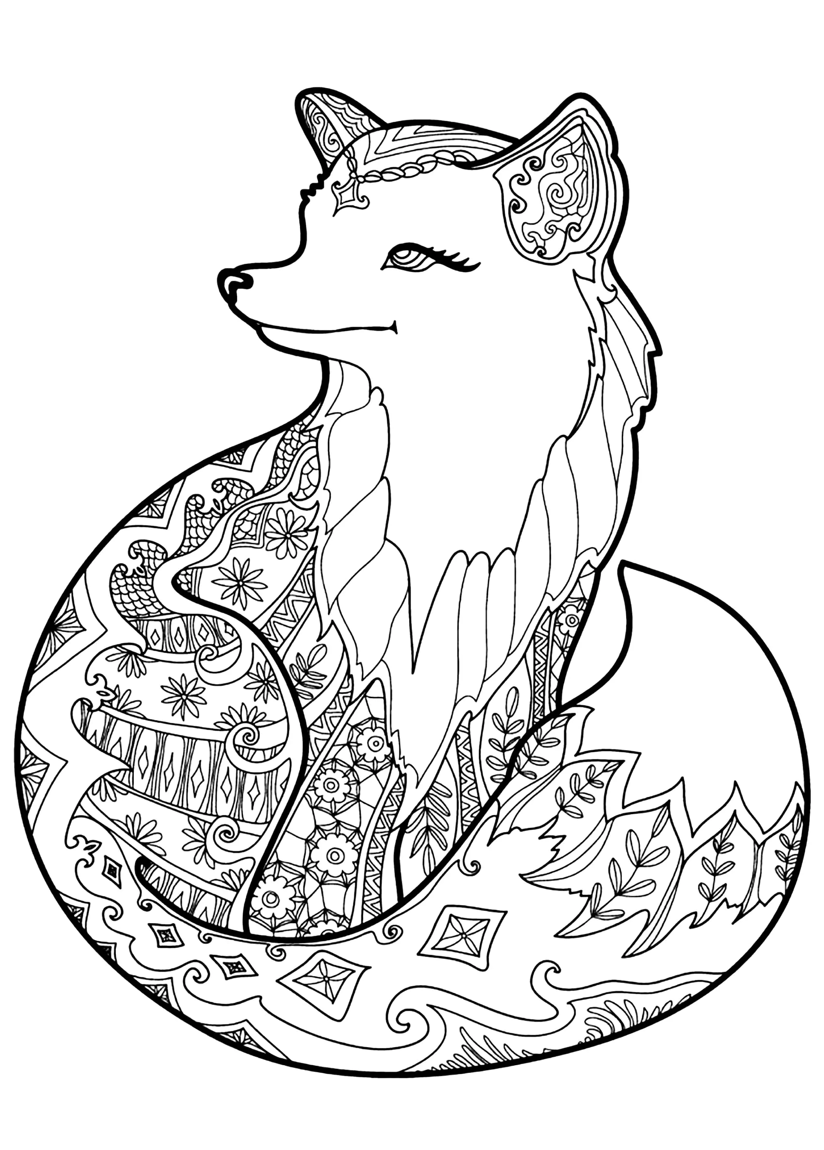 Fuchs mit schönen Mustern (Ausmalbild von Füchse zum Ausdrucken und Ausmalen für Erwachsene)