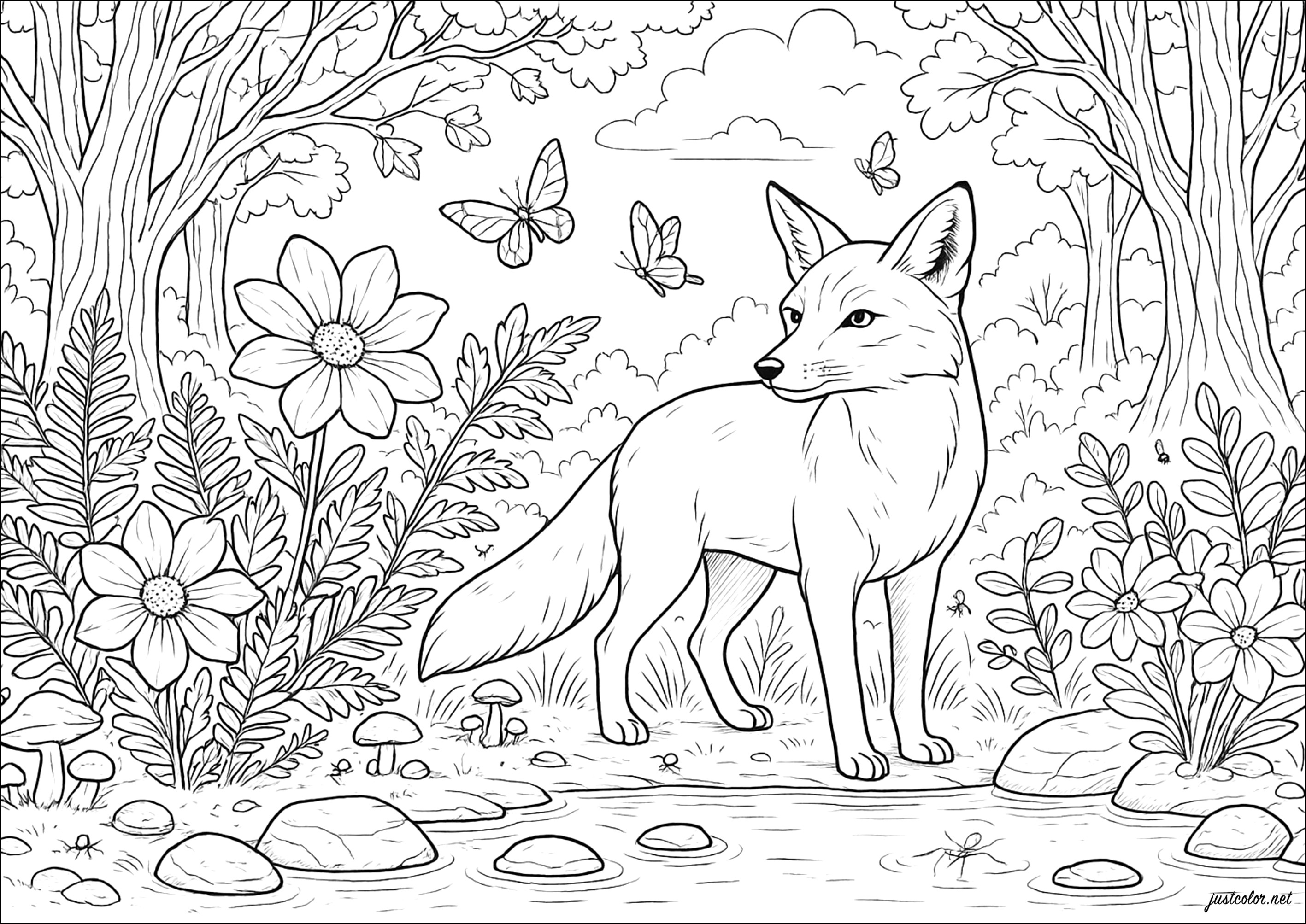 Fuchs am Teich (Ausmalbild von Füchse zum Ausdrucken und Ausmalen für Erwachsene)