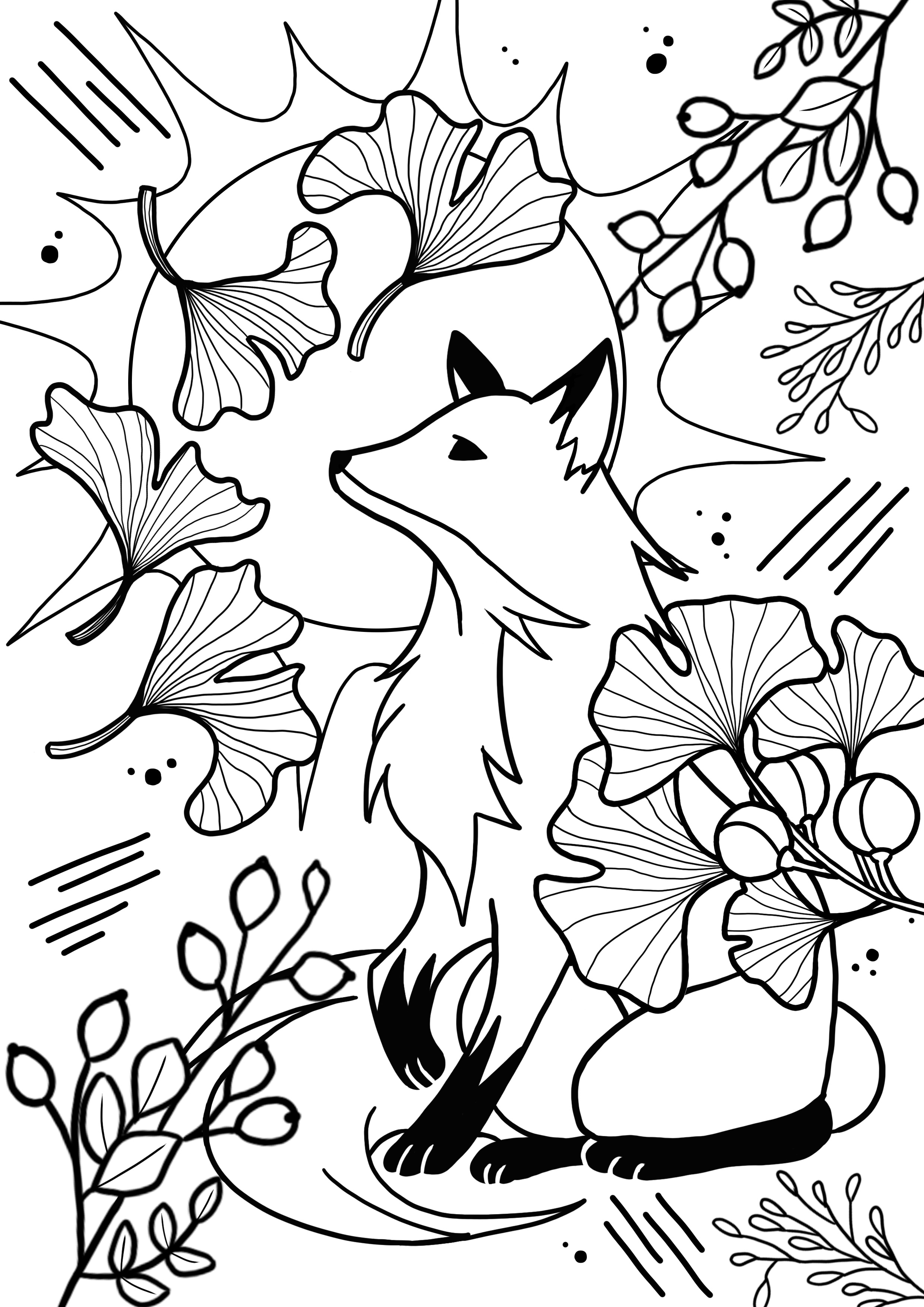 Fuchs umgeben von pflanzlichen und abstrakten Motiven (Ausmalbild von Füchse zum Ausdrucken und Ausmalen für Erwachsene)