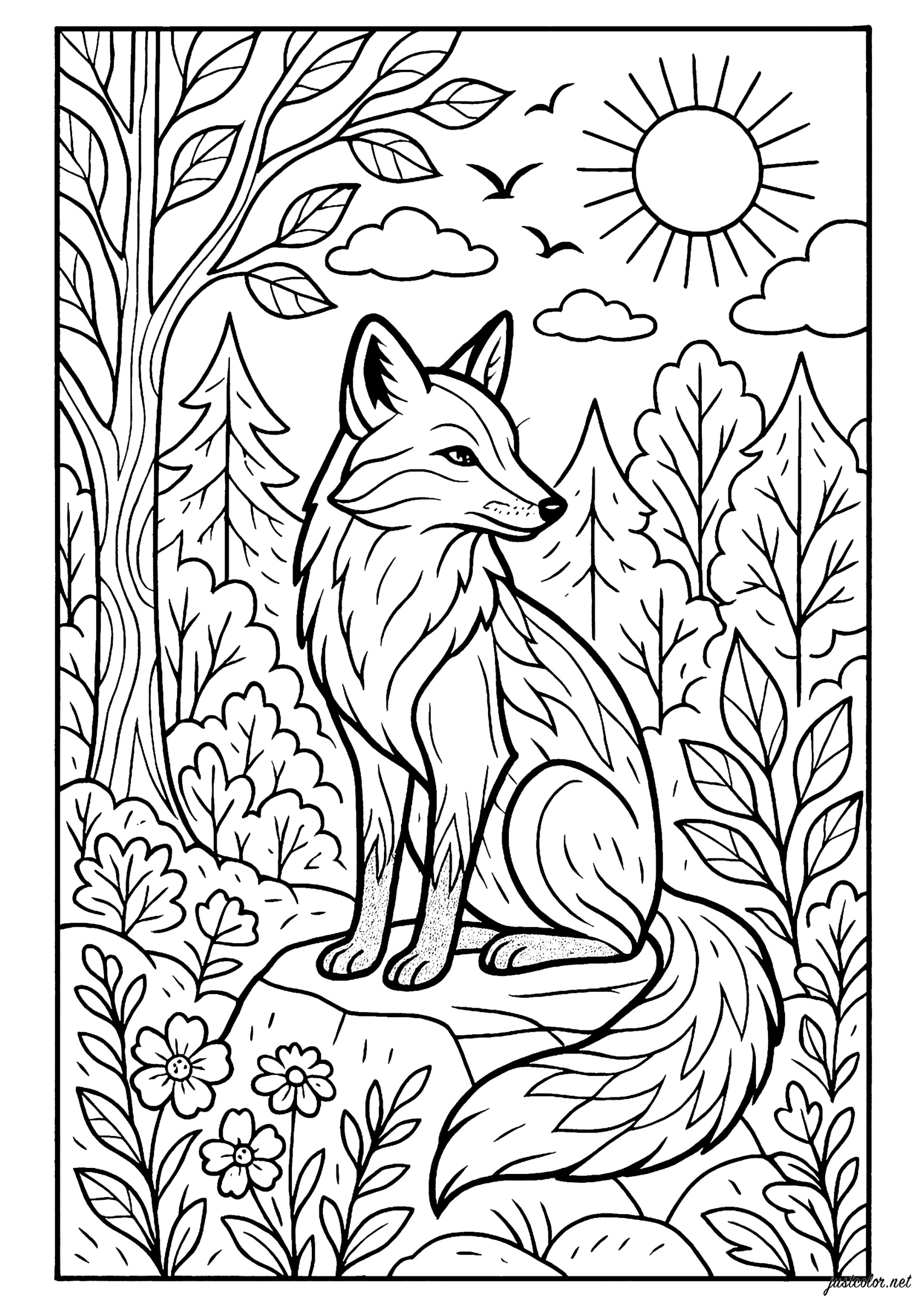 Der aufmerksame Fuchs (Ausmalbild von Füchse zum Ausdrucken und Ausmalen für Erwachsene)