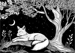 Ein friedlicher Fuchs schläft unter den Sternen