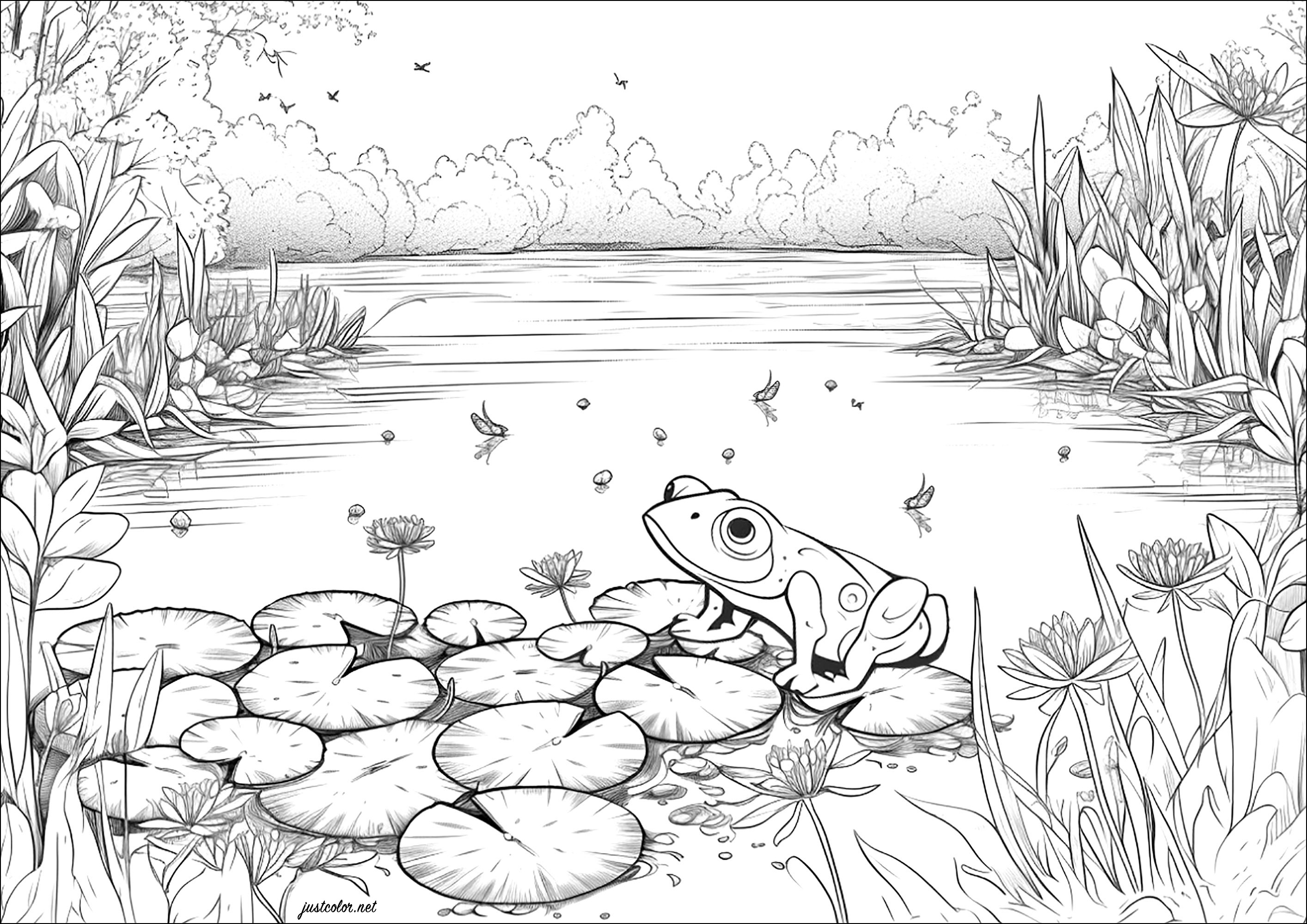 Frosch in einem schönen Teich. Färbe alle Pflanzendetails und die schönen Seerosen, auf denen sich der Frosch ausruht.