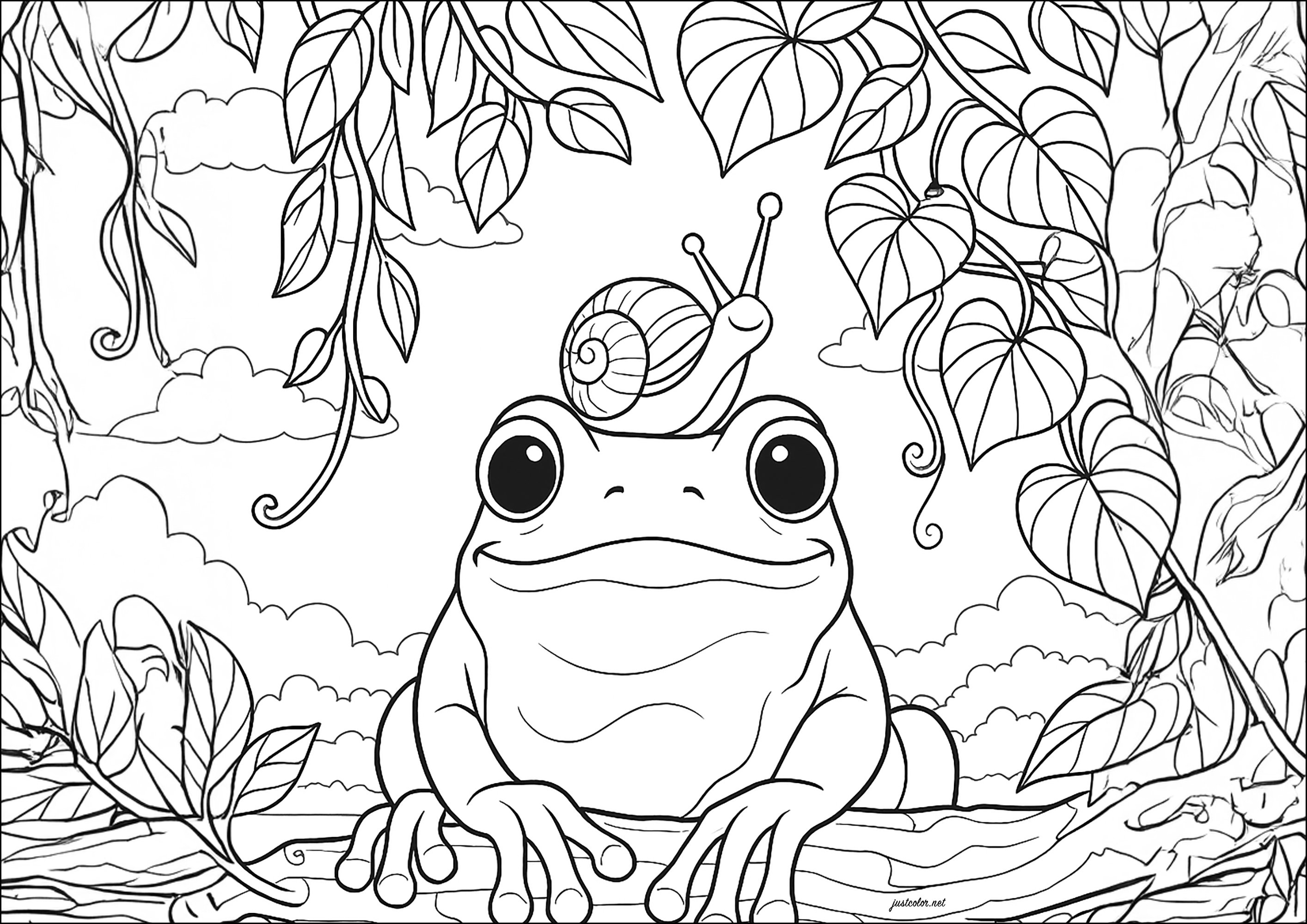Frosch mit Schnecke auf dem Kopf (Ausmalbild von Frösche zum Ausdrucken und Ausmalen für Erwachsene)