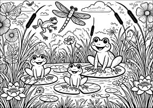 Frösche und Großlibelle (Ausmalbild)