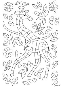 Stilisierte Giraffe tanzt zwischen Blumen (Ausmalbild von Giraffen)