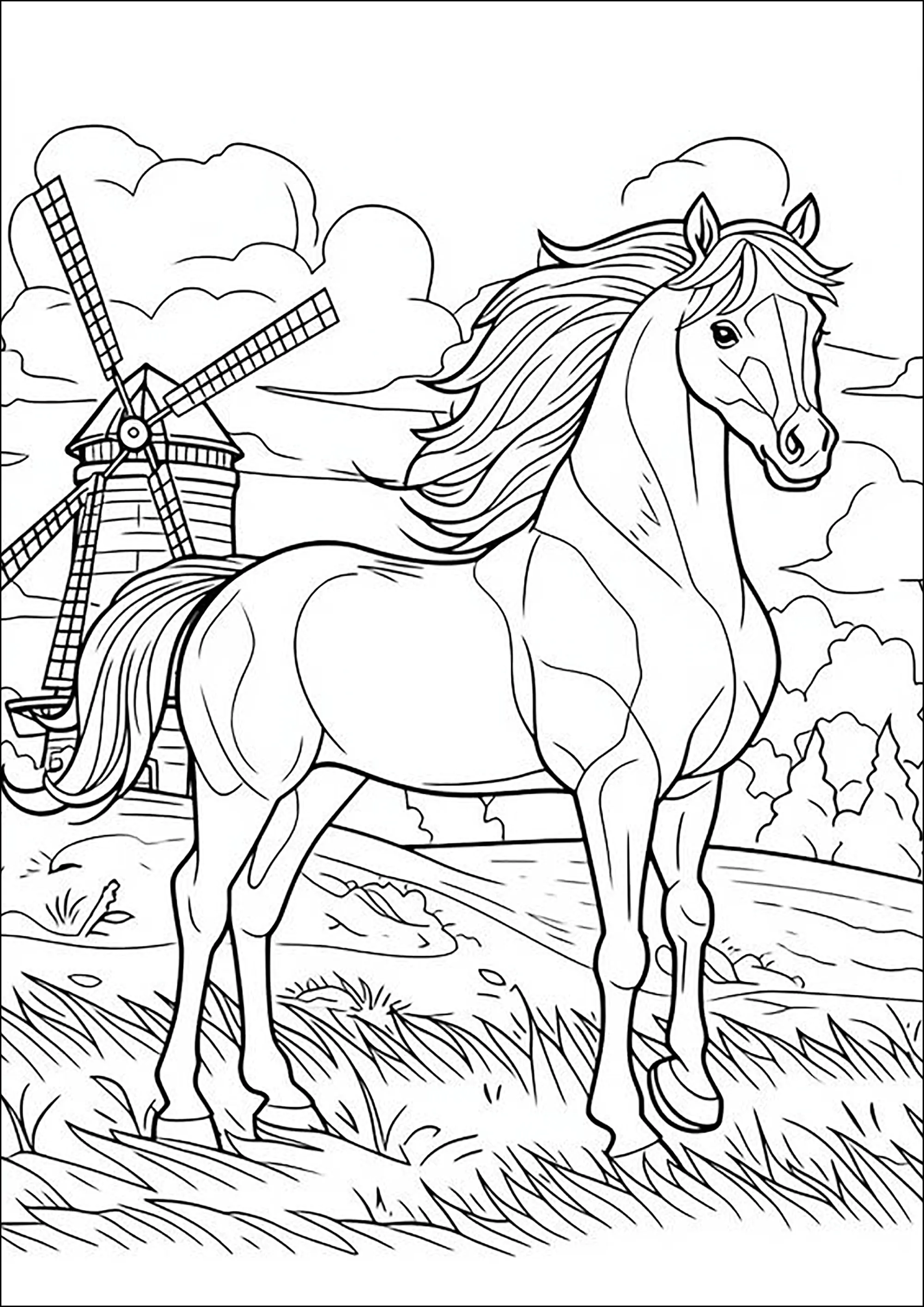 Pferd mit Mähne im Wind, mit einer Windmühle im Hintergrund (Ausmalbild von Pferde zum Ausdrucken und Ausmalen für Erwachsene)