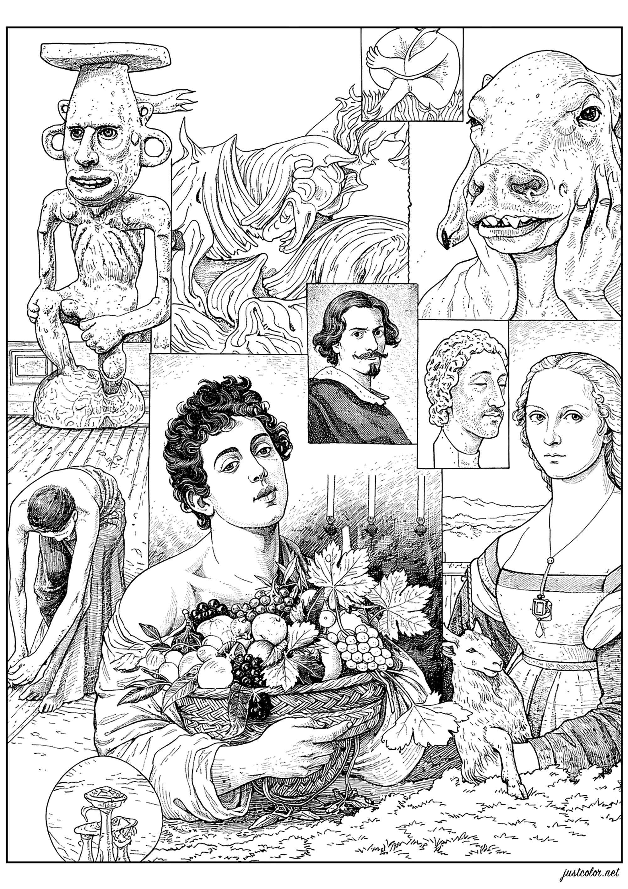 Gesichter, die die Zeit überdauert haben (Ausmalbild Nicht klassifizierbar zum Ausdrucken und Ausmalen für Erwachsene)