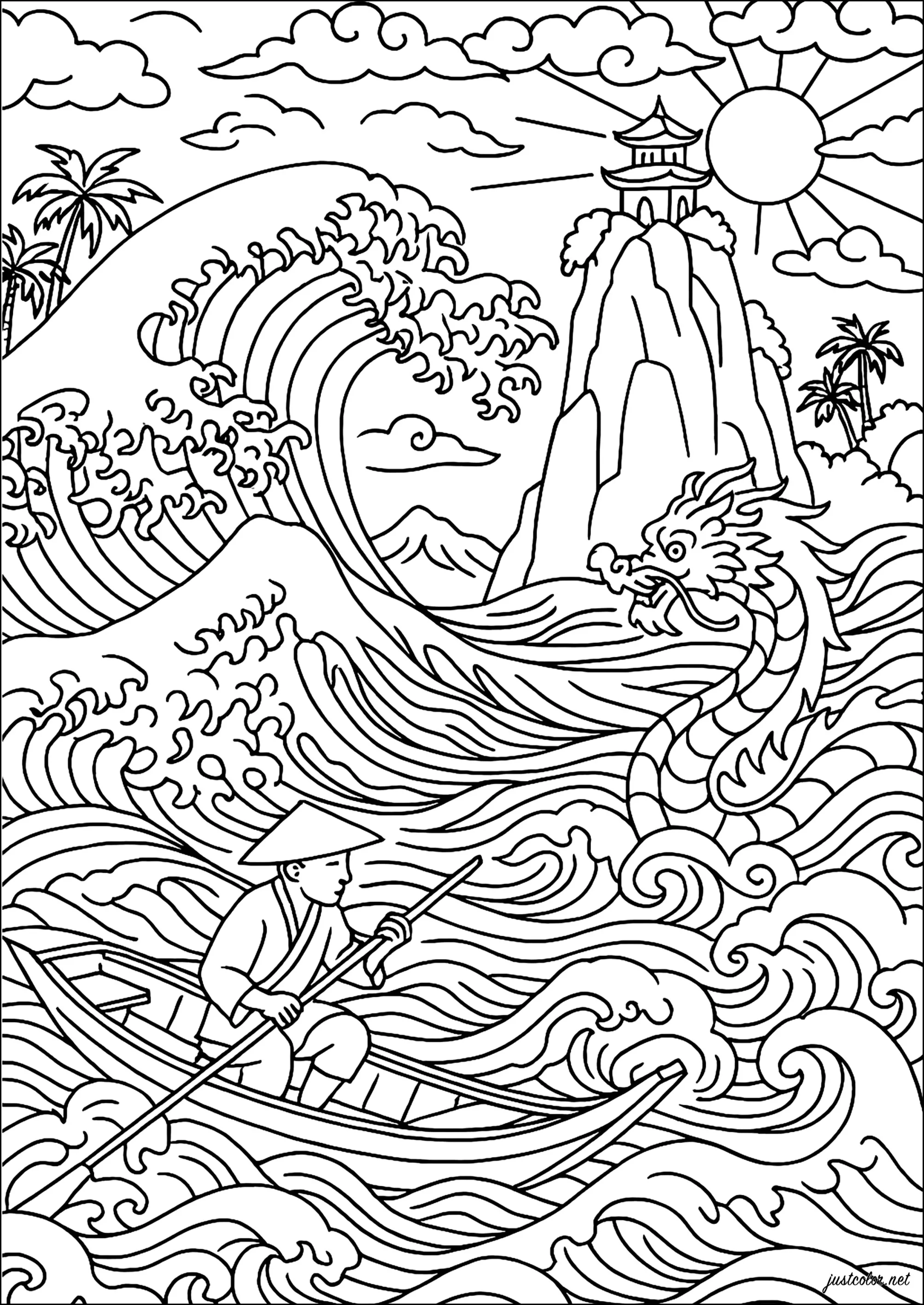 Der Fischer und der Drache der Bucht (Ausmalbild von Südostasien zum Ausdrucken und Ausmalen für Erwachsene)