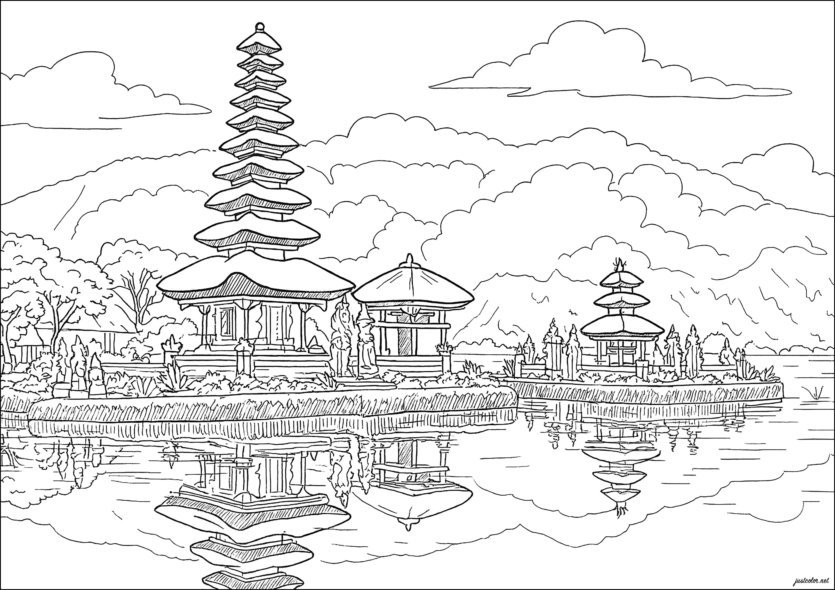 Bali: Landschaft mit Meru (Ausmalbild von Indonesia zum Ausdrucken und Ausmalen für Erwachsene)