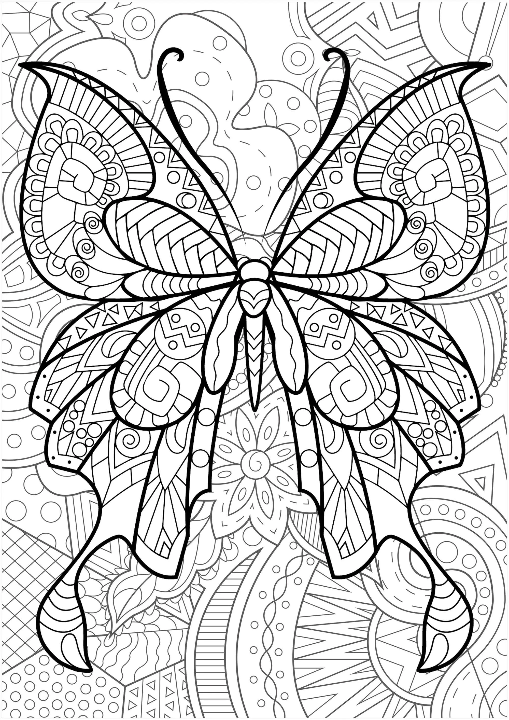 Schmetterling mit geblümtem Hintergrund - 2 (Ausmalbild von Schmetterlinge und Insekten zum Ausdrucken und Ausmalen für Erwachsene)