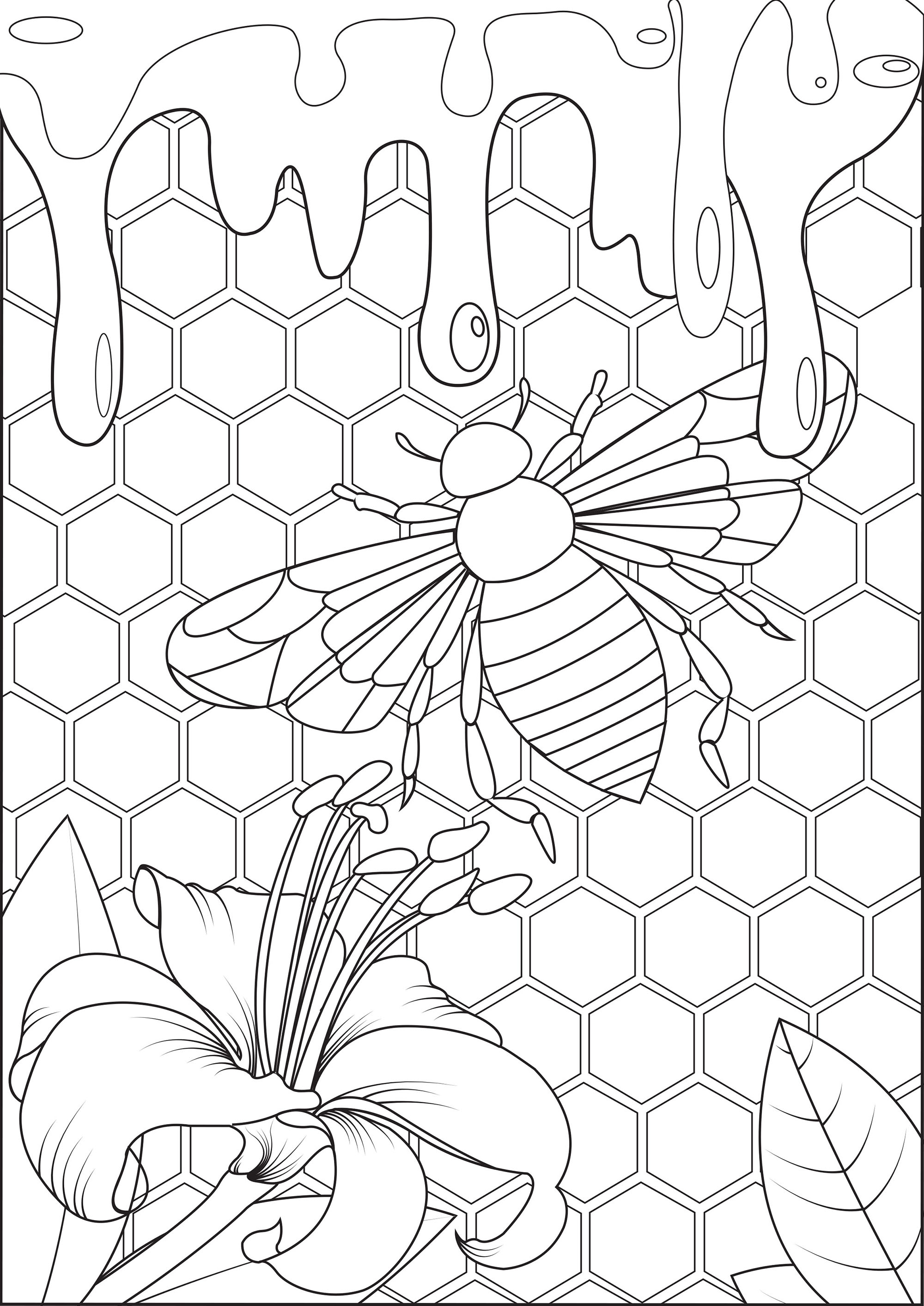 Tauchen Sie ein in das Herz des Bienenstocks und probieren Sie diesen frischen Honig!. Diese Malvorlage ist eine Einladung, in die Welt der Bienen einzutauchen und ihre Welt zu entdecken .., Künstler : Arwen