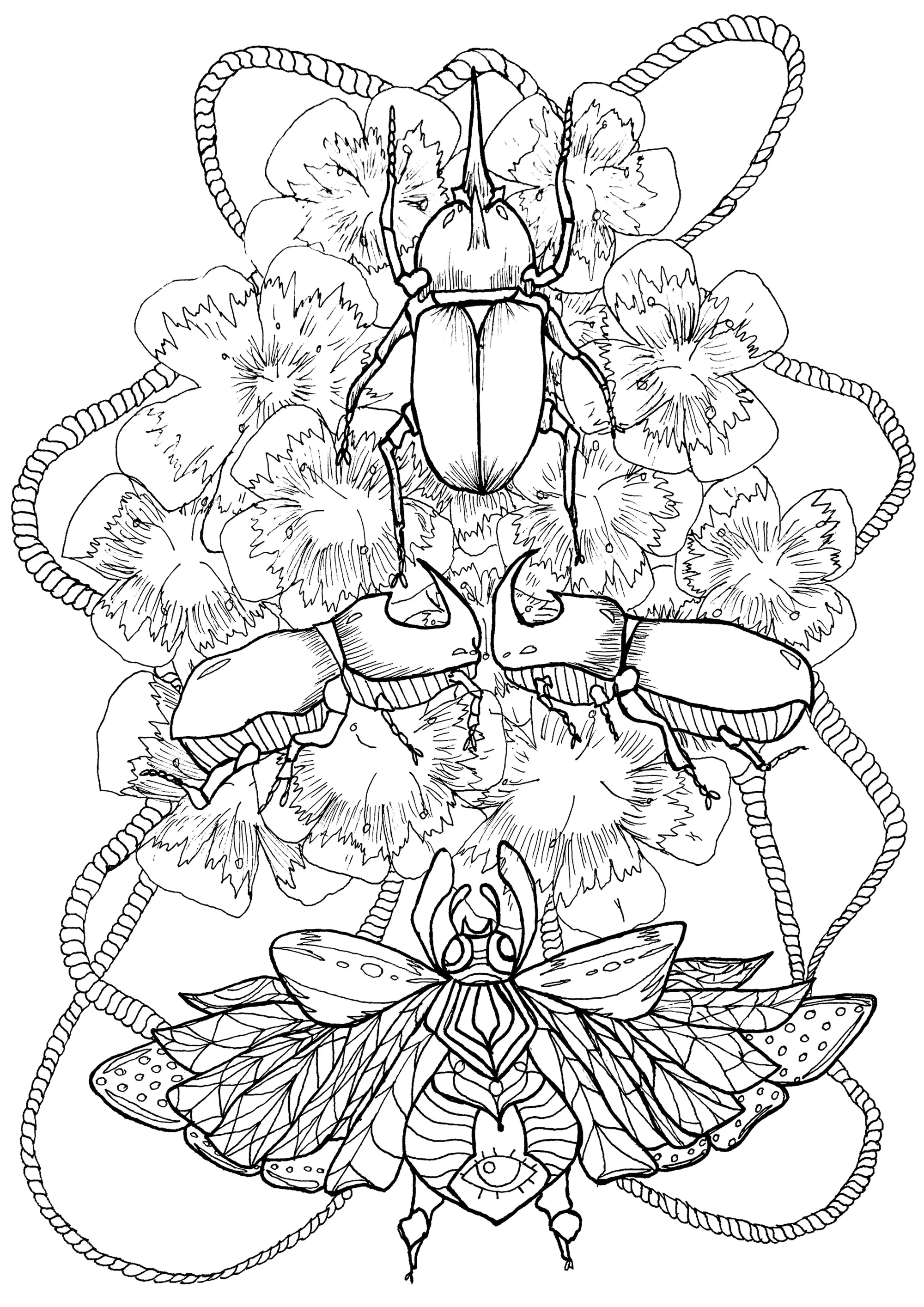 Skarabäen und Blumen (Ausmalbild von Schmetterlinge und Insekten zum Ausdrucken und Ausmalen für Erwachsene)