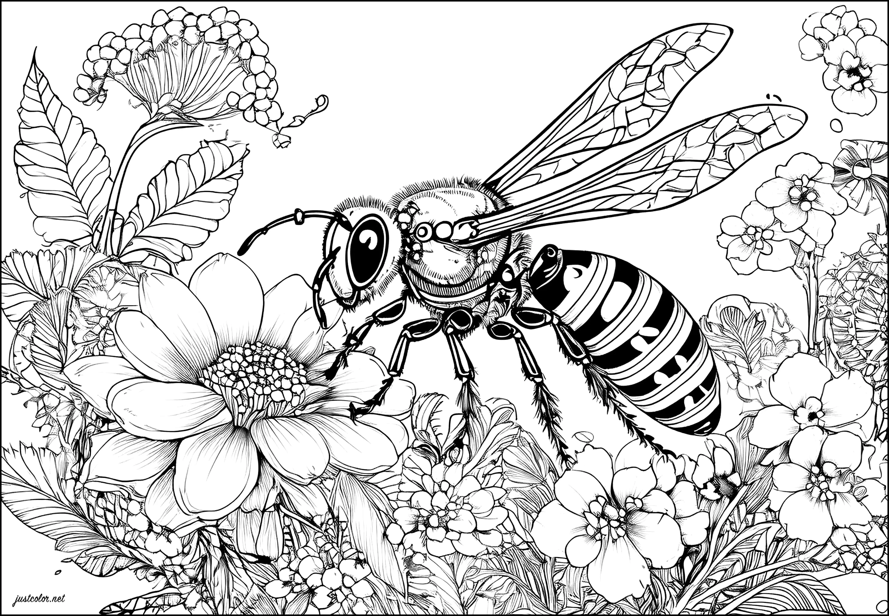 Wespe und Blumen voller Details (Ausmalbild von Schmetterlinge und Insekten zum Ausdrucken und Ausmalen für Erwachsene)