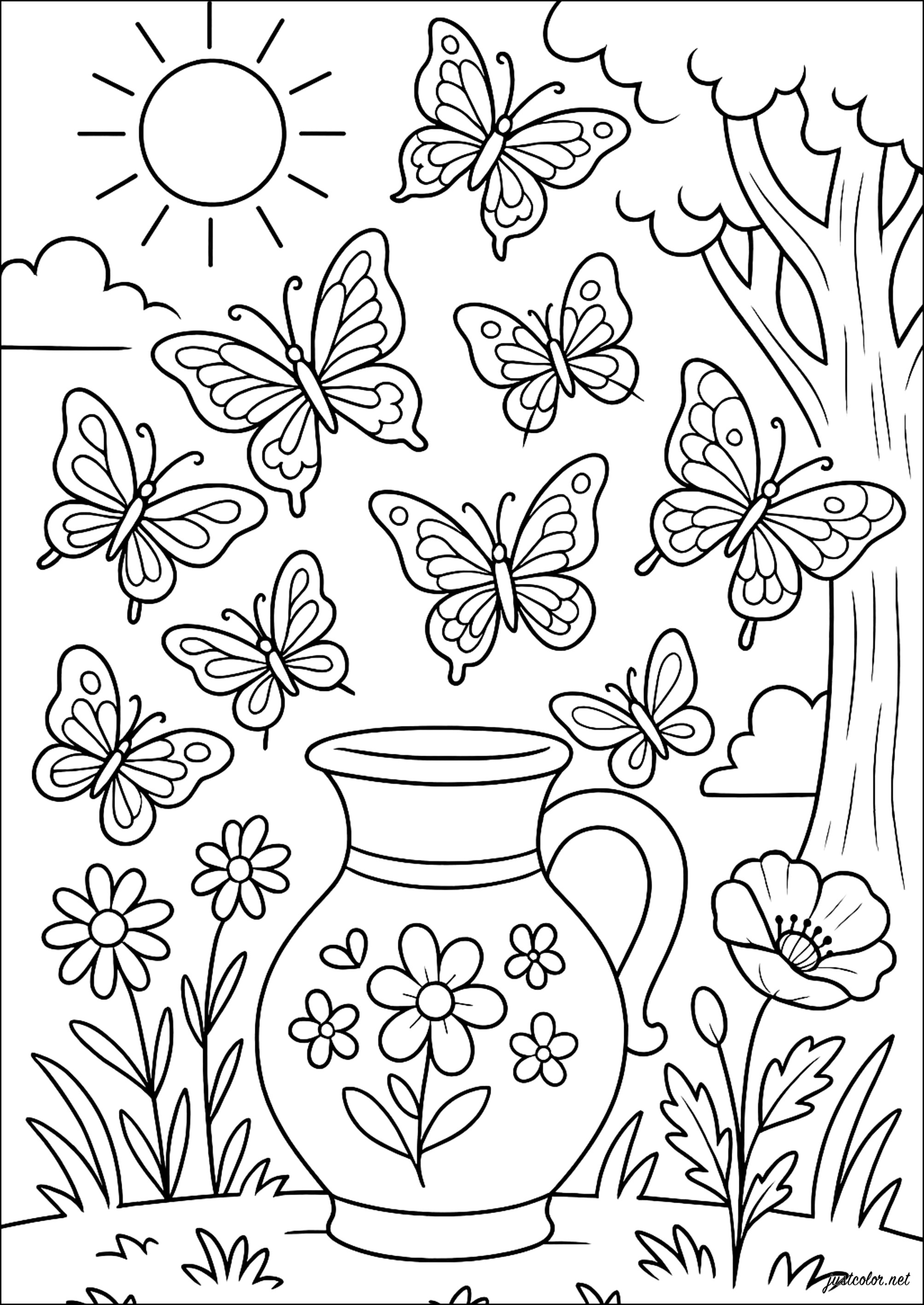 Verzauberter Garten bei den Tanzenden Schmetterlingen (Ausmalbild von Schmetterlinge und Insekten zum Ausdrucken und Ausmalen für Erwachsene)