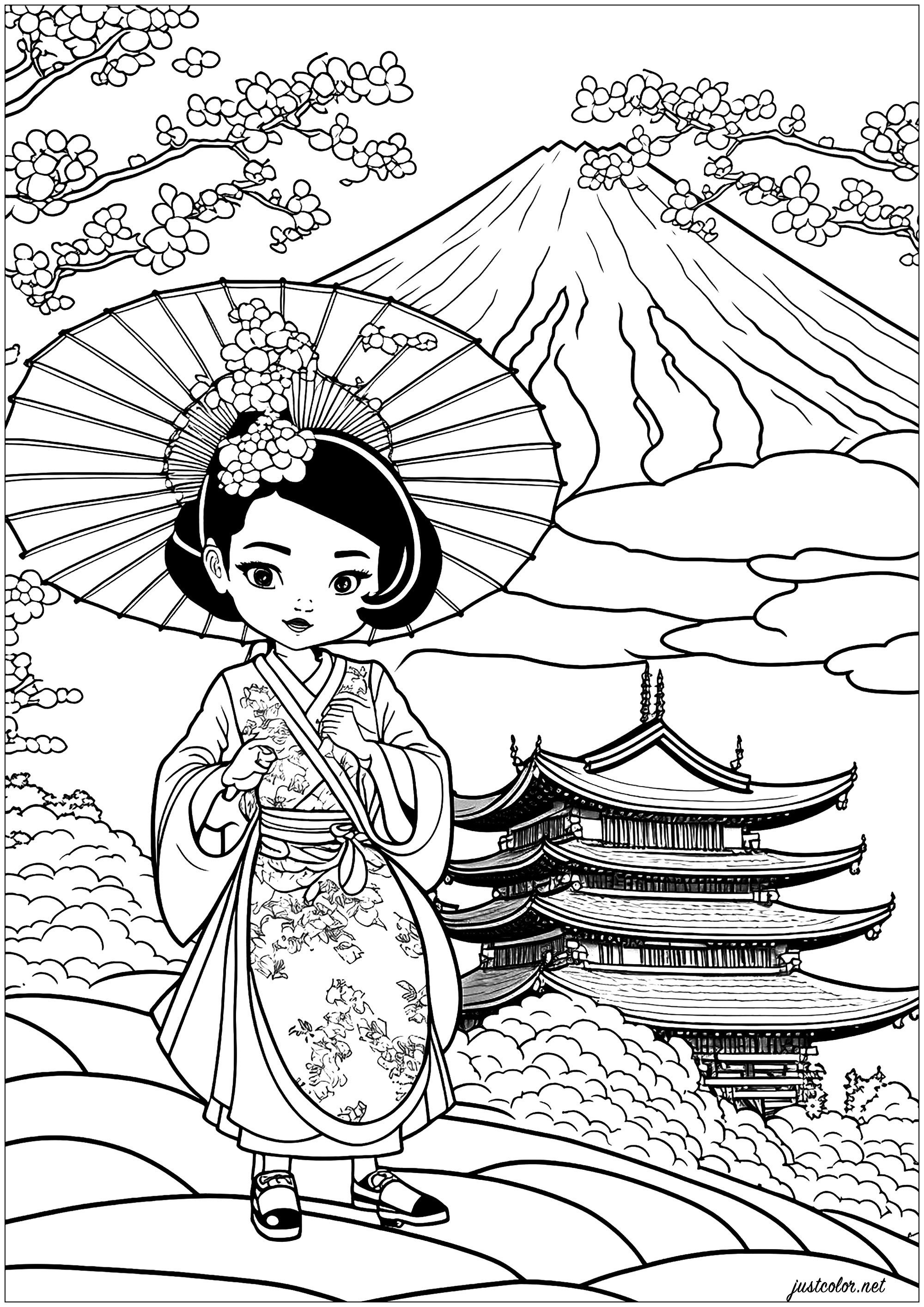 Cartoon Geisha Färbung Seite. Eine komplexe Ausmalvorlage mit einer schönen Geisha in ihrem schönen Kimono und einer herrlichen japanischen Landschaft.