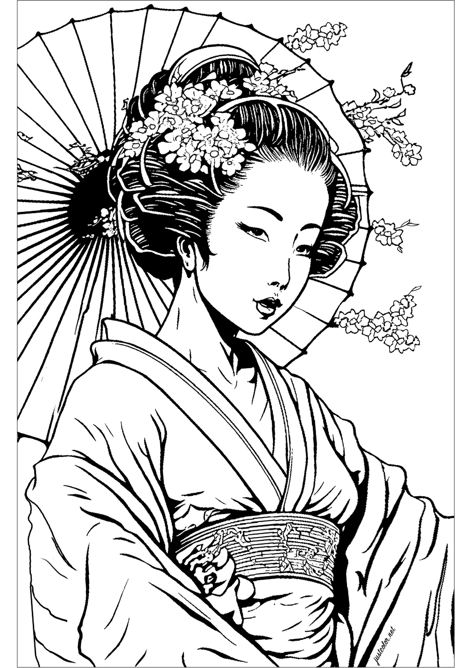 Schöne Geisha zum Ausmalen. Die Geisha ist in einer klassischen Pose dargestellt, mit einem gelassenen, wohlwollenden Ausdruck. Die Komposition ist sehr einfach, aber sehr ausdrucksstark und vermittelt ein Gefühl der Ruhe und Entspannung.