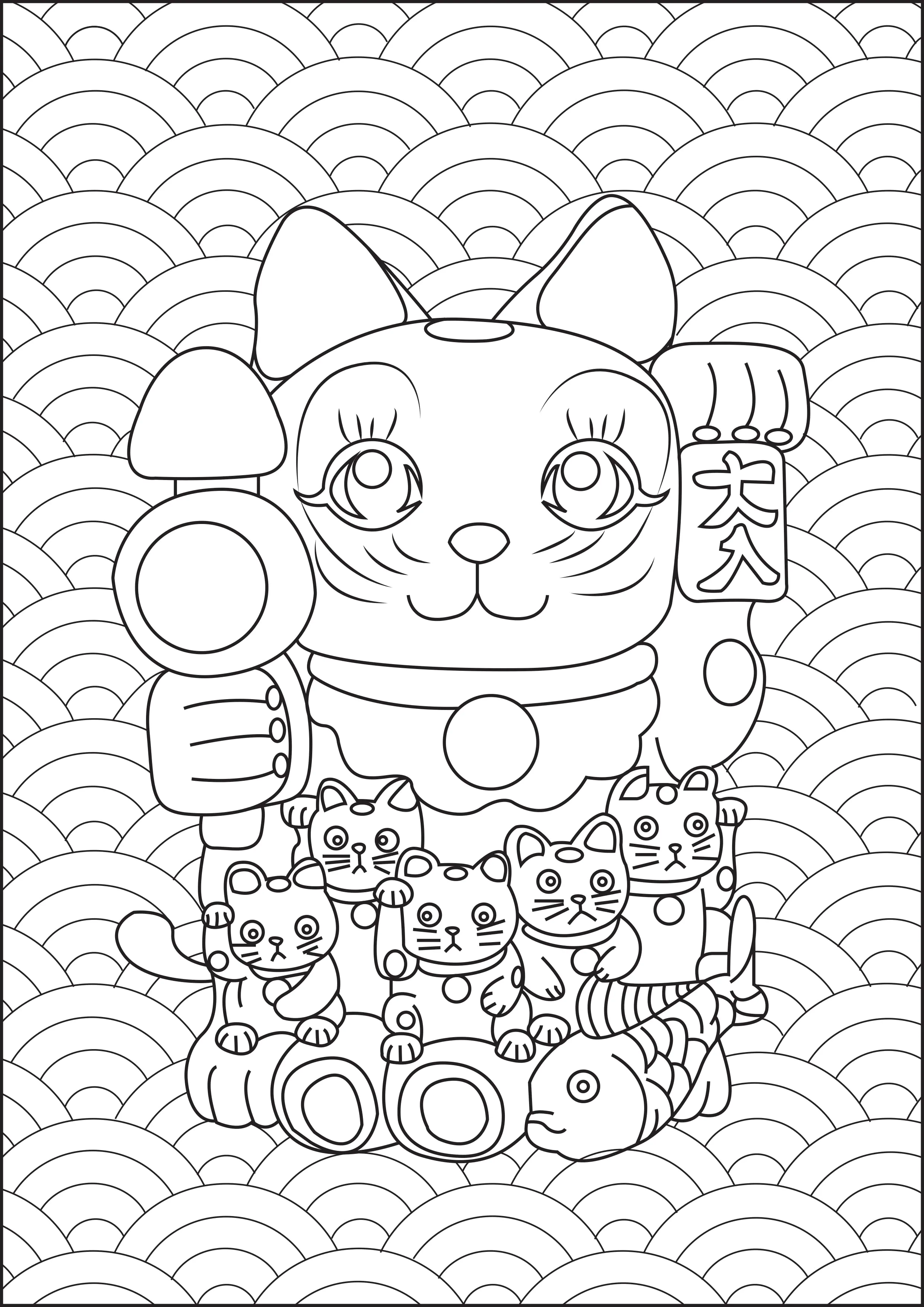 Maneki Neko-Babys (Ausmalbild von Japan zum Ausdrucken und Ausmalen für Erwachsene)