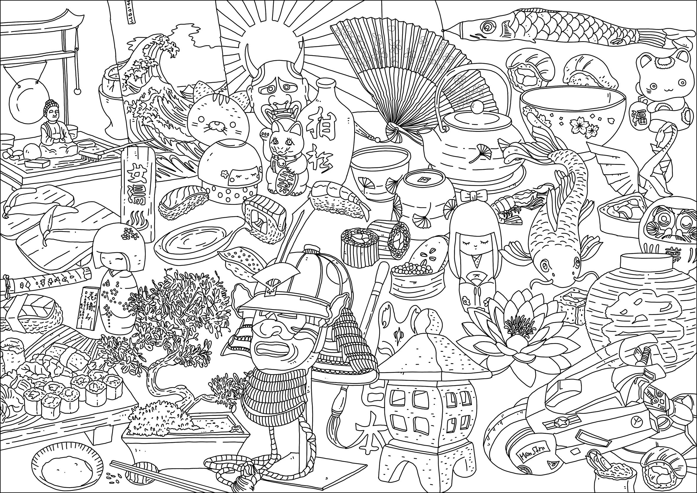 Verschiedene Symbole Japans. Maneki neko, Masken, Bonsai, Statuetten, Forelle, Lotus, große Welle, Flagge, Sushi .., Künstler : Frédéric Brogard