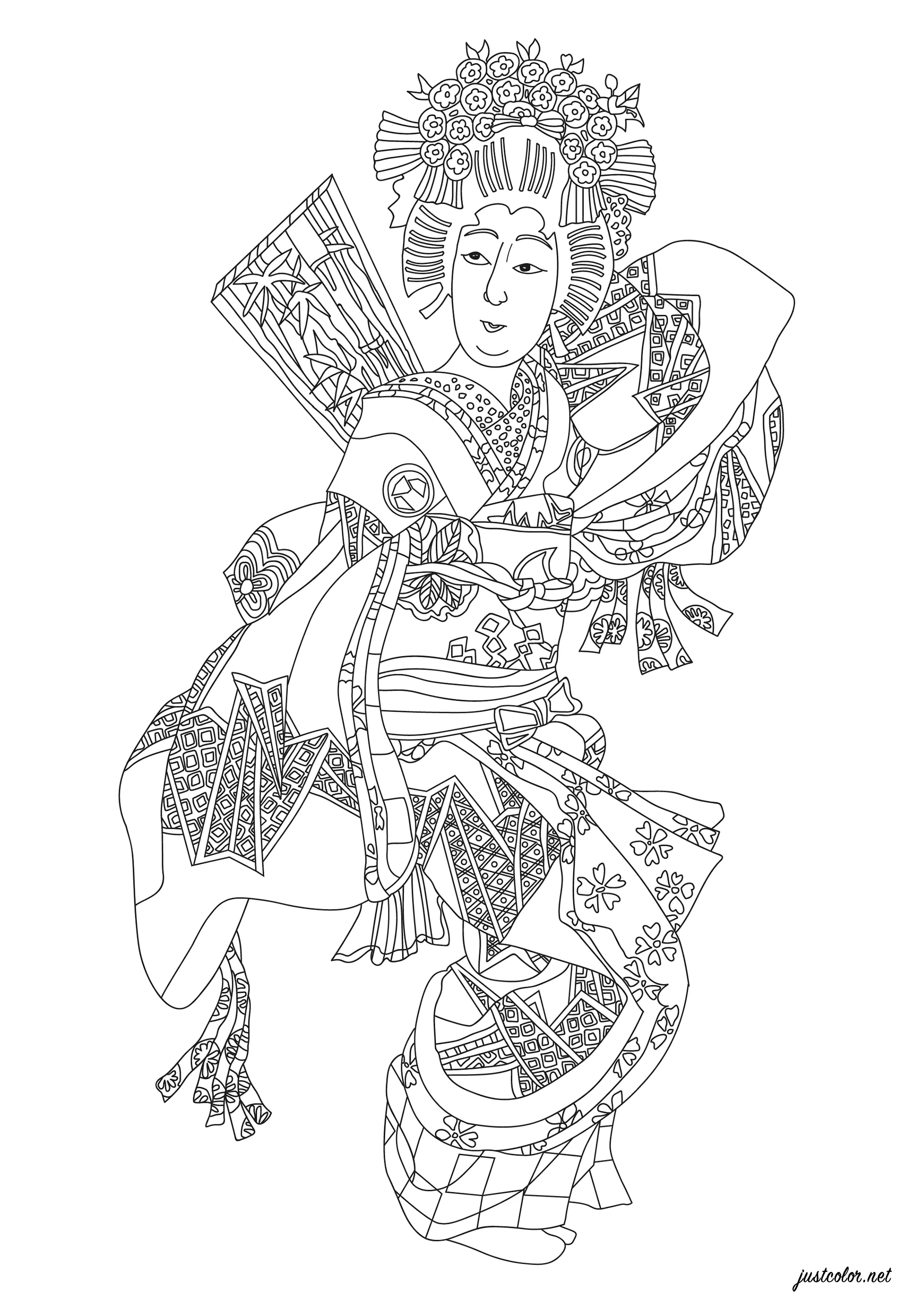 Geisha mit schönem Kleid (Ausmalbild von Japan zum Ausdrucken und Ausmalen für Erwachsene)