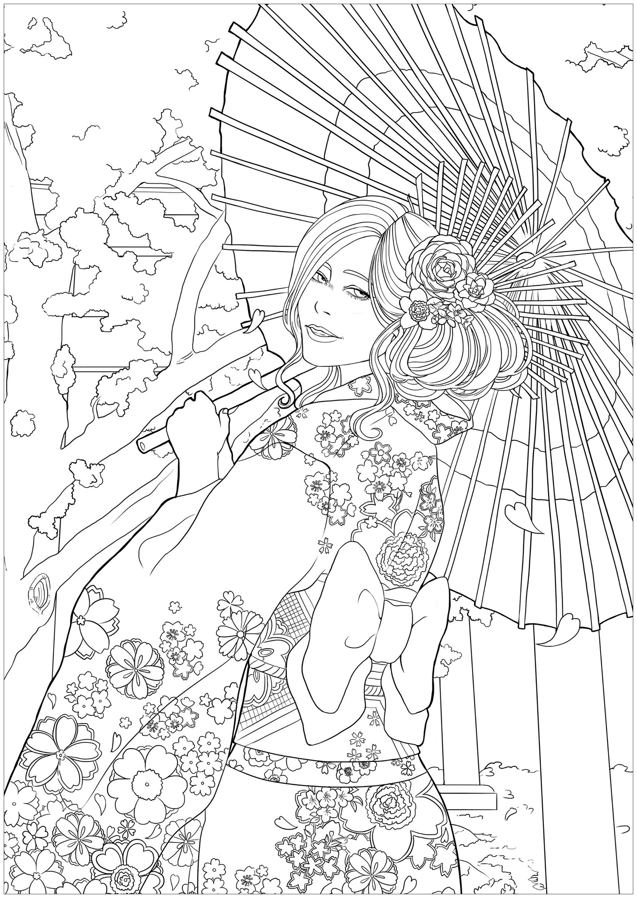 Elegante junge Frau vor einem Tempel und Kirschblüten, mit ihrem schönsten Yukata. Leichte Version 1, Künstler : Lestat Hallward Holmes