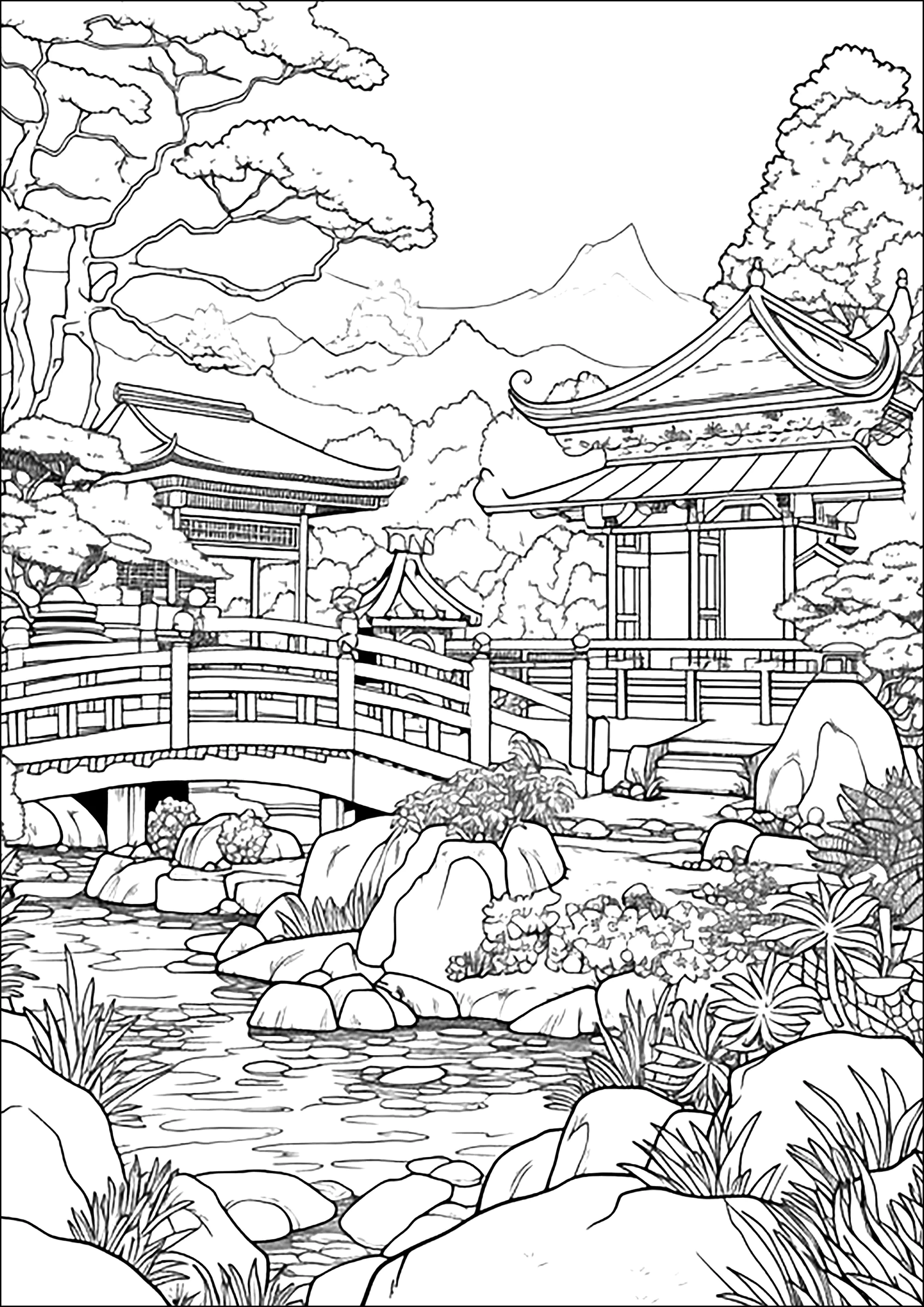 Japanischer Garten (Ausmalbild von Japan zum Ausdrucken und Ausmalen für Erwachsene)