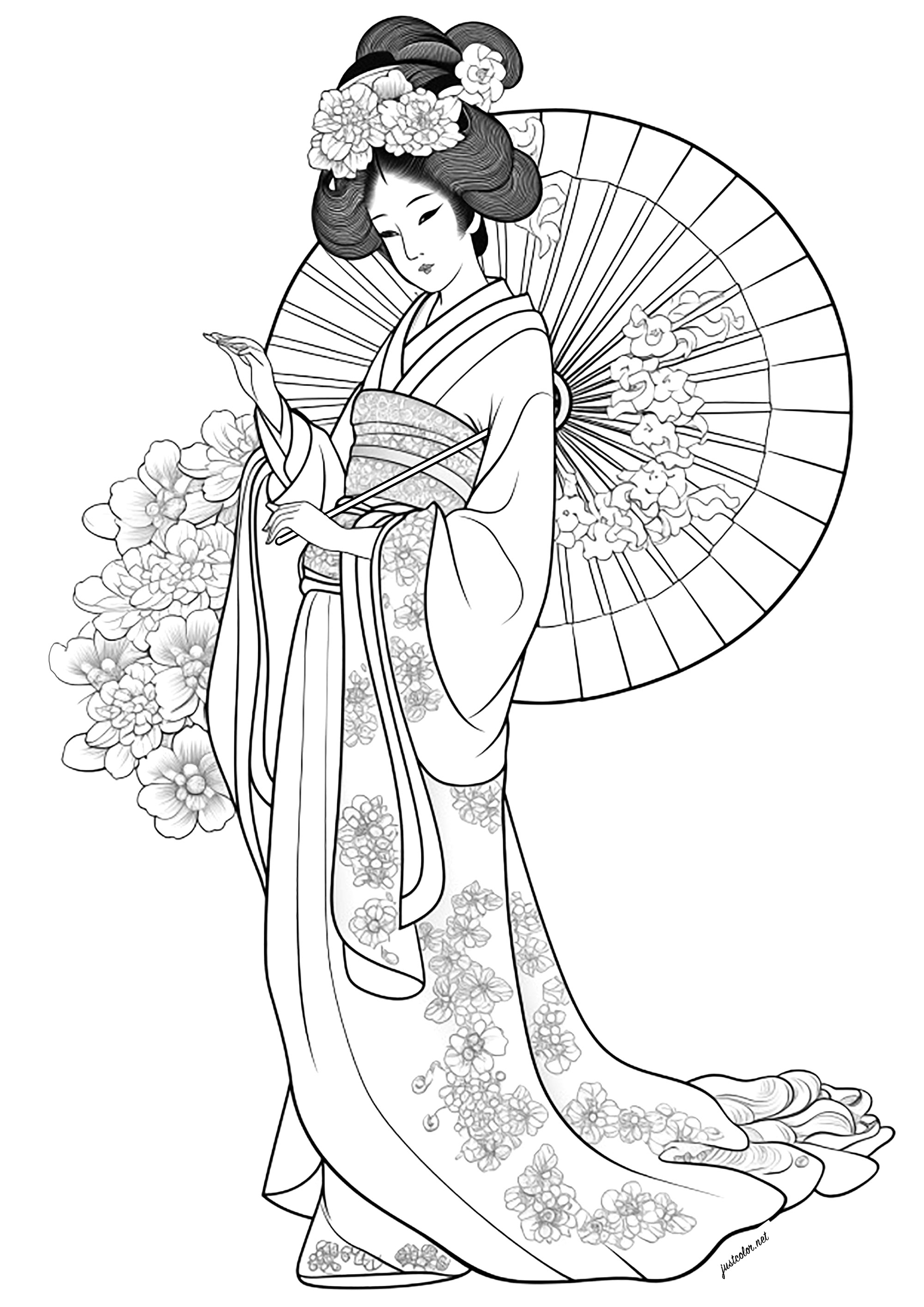 Schöne Geisha mit Fächer, mit Blumen im Kleid und drum herum