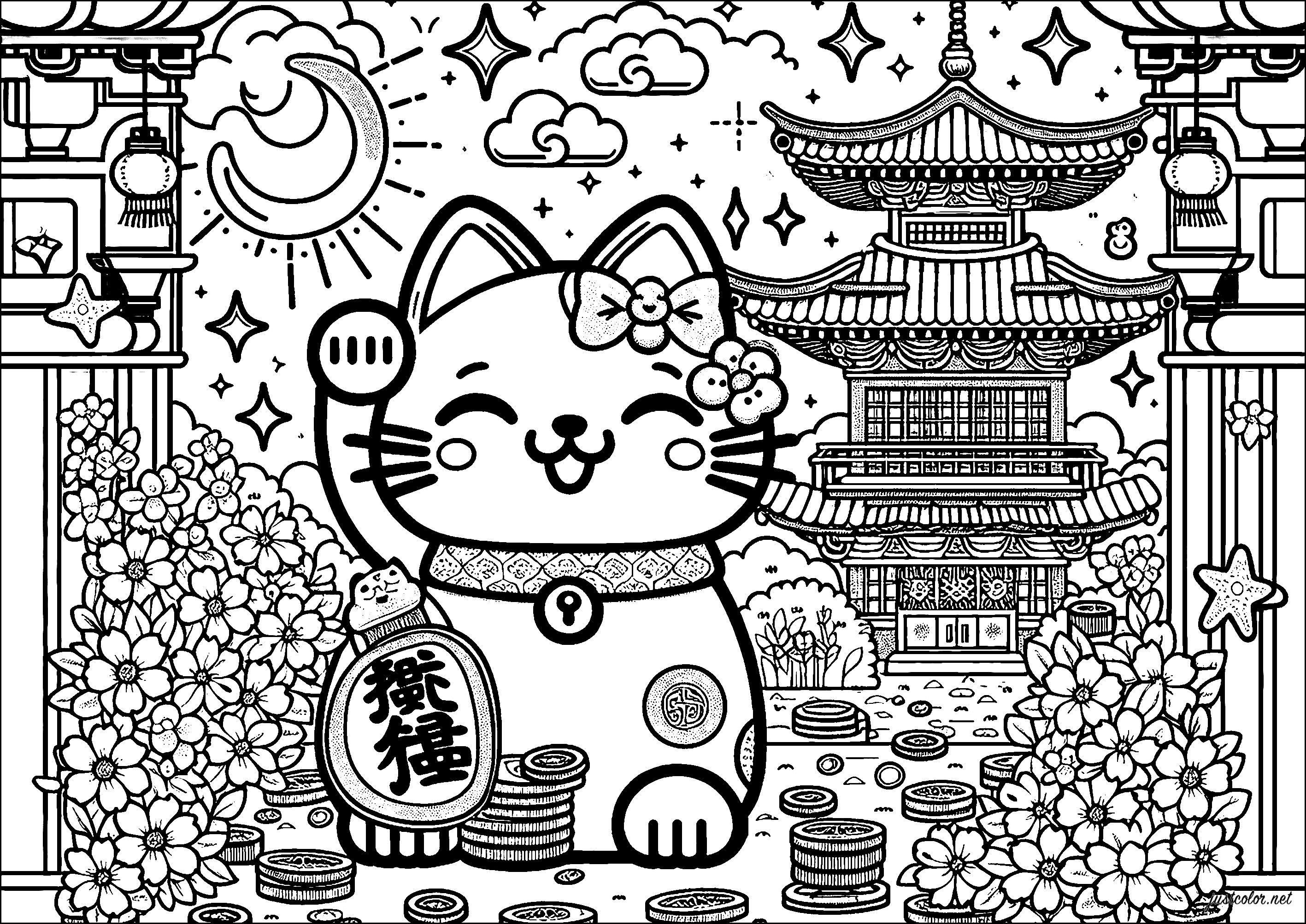 Maneki Neko und japanischer Tempel (Ausmalbild von Japan zum Ausdrucken und Ausmalen für Erwachsene)