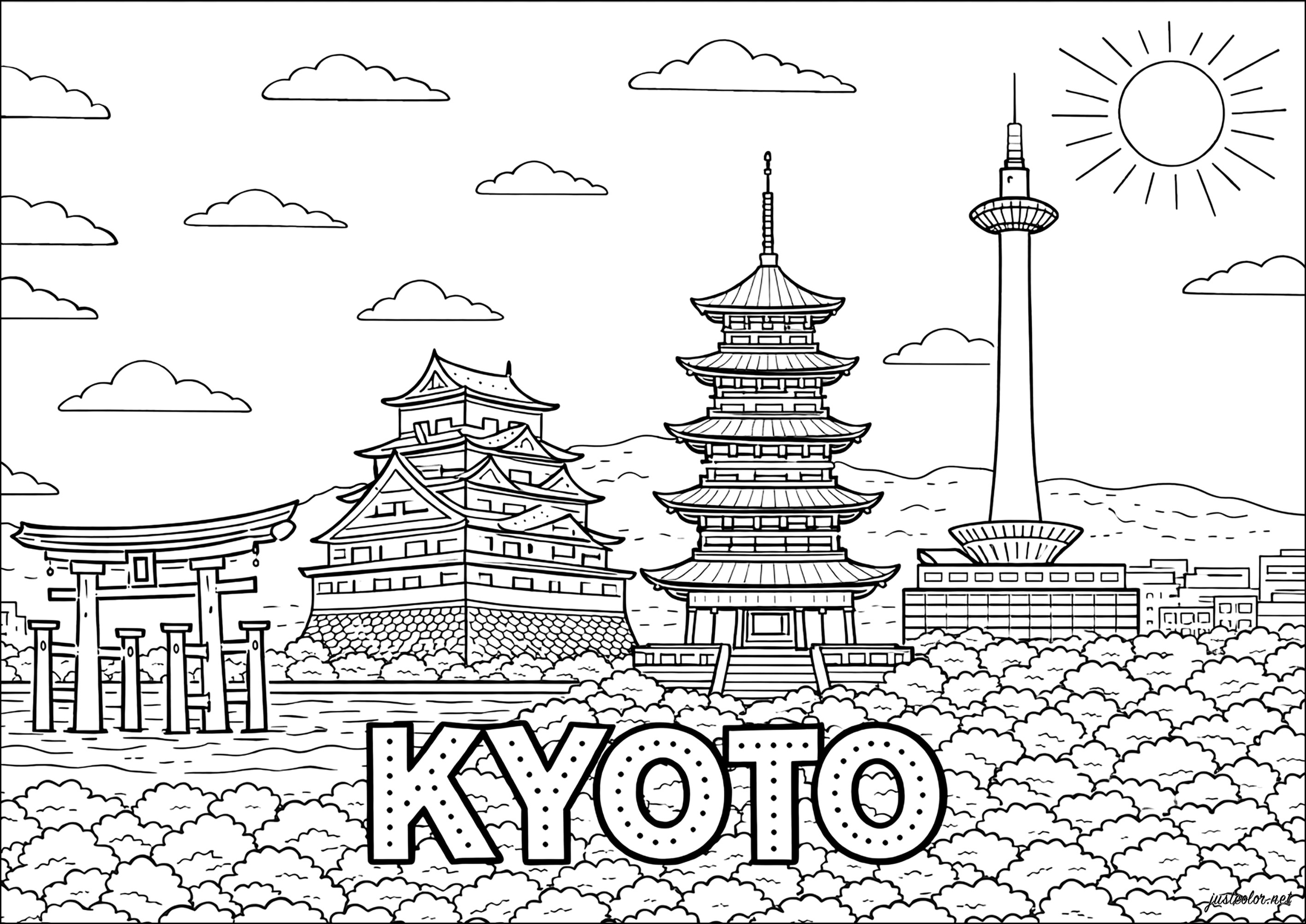 Kyoto und seine emblematischen Monumente (Ausmalbild von Japan zum Ausdrucken und Ausmalen für Erwachsene)