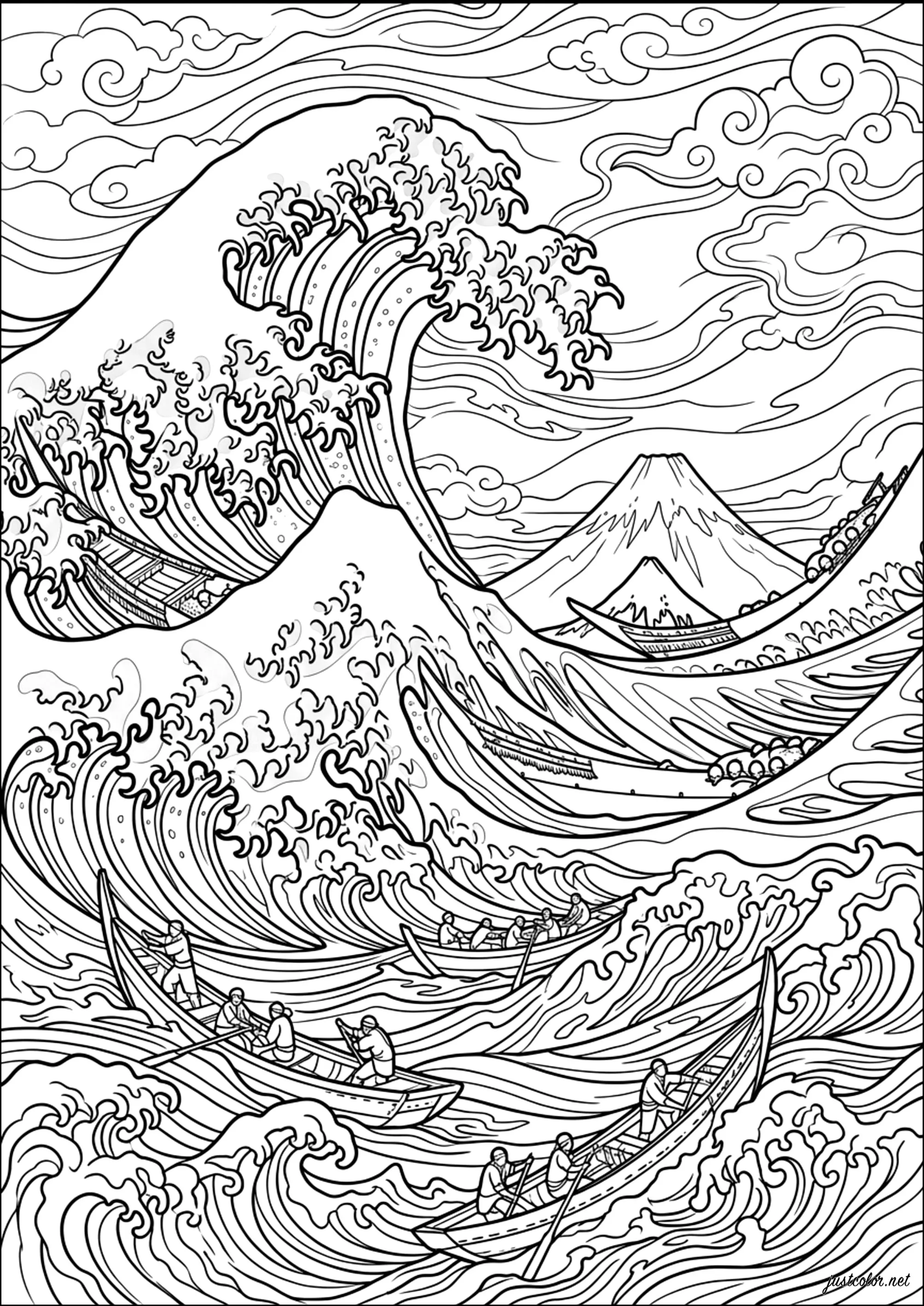 Die Große Welle vor Kanagawa von Hokusai (Ausmalbild von Japan zum Ausdrucken und Ausmalen für Erwachsene)