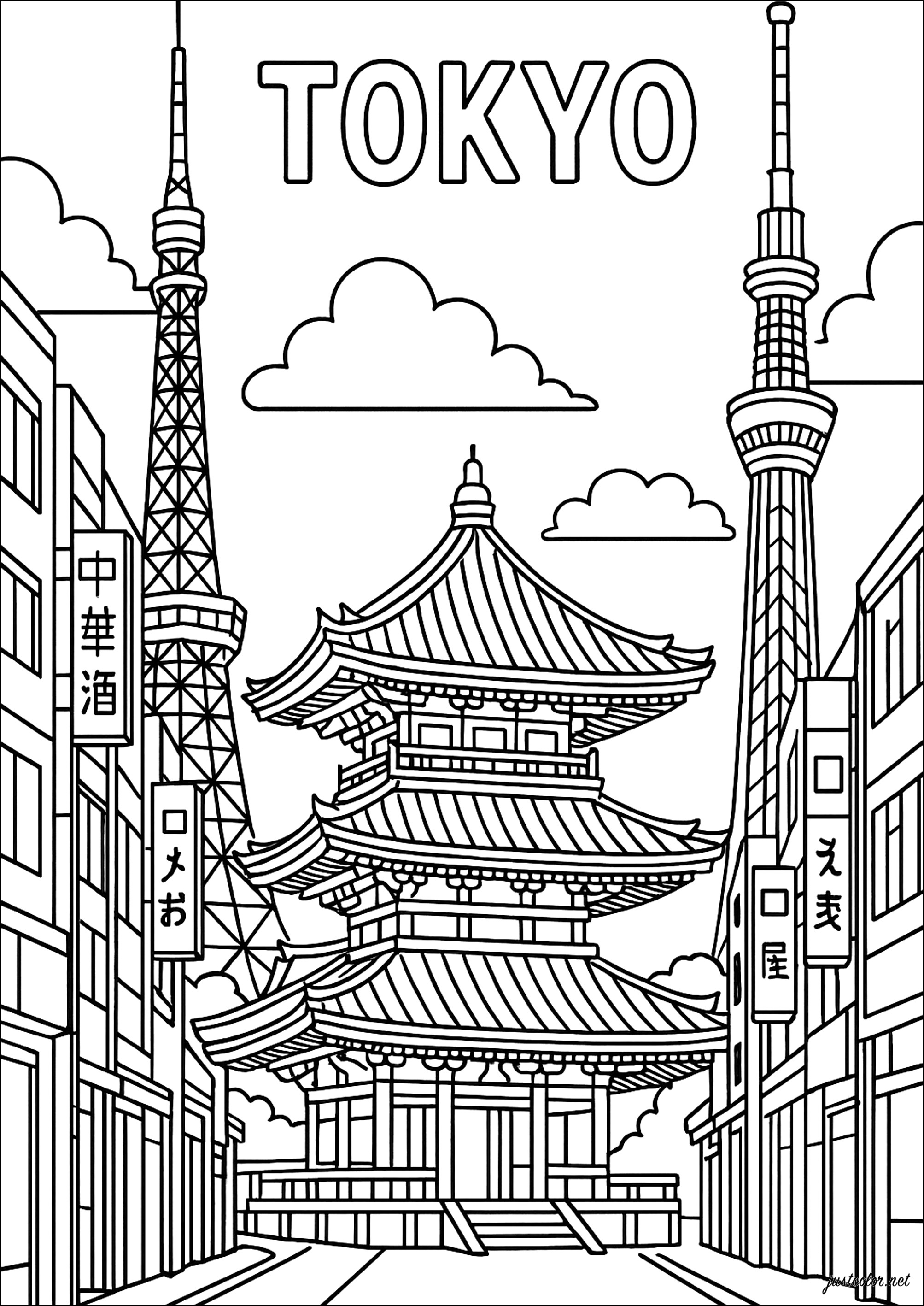 Reise ins Herz von Tokio (Ausmalbild von Japan zum Ausdrucken und Ausmalen für Erwachsene)