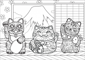 Maneki Neko vor dem japanischen Berg Fuji (komplexe Version) (Ausmalbild von Japan)