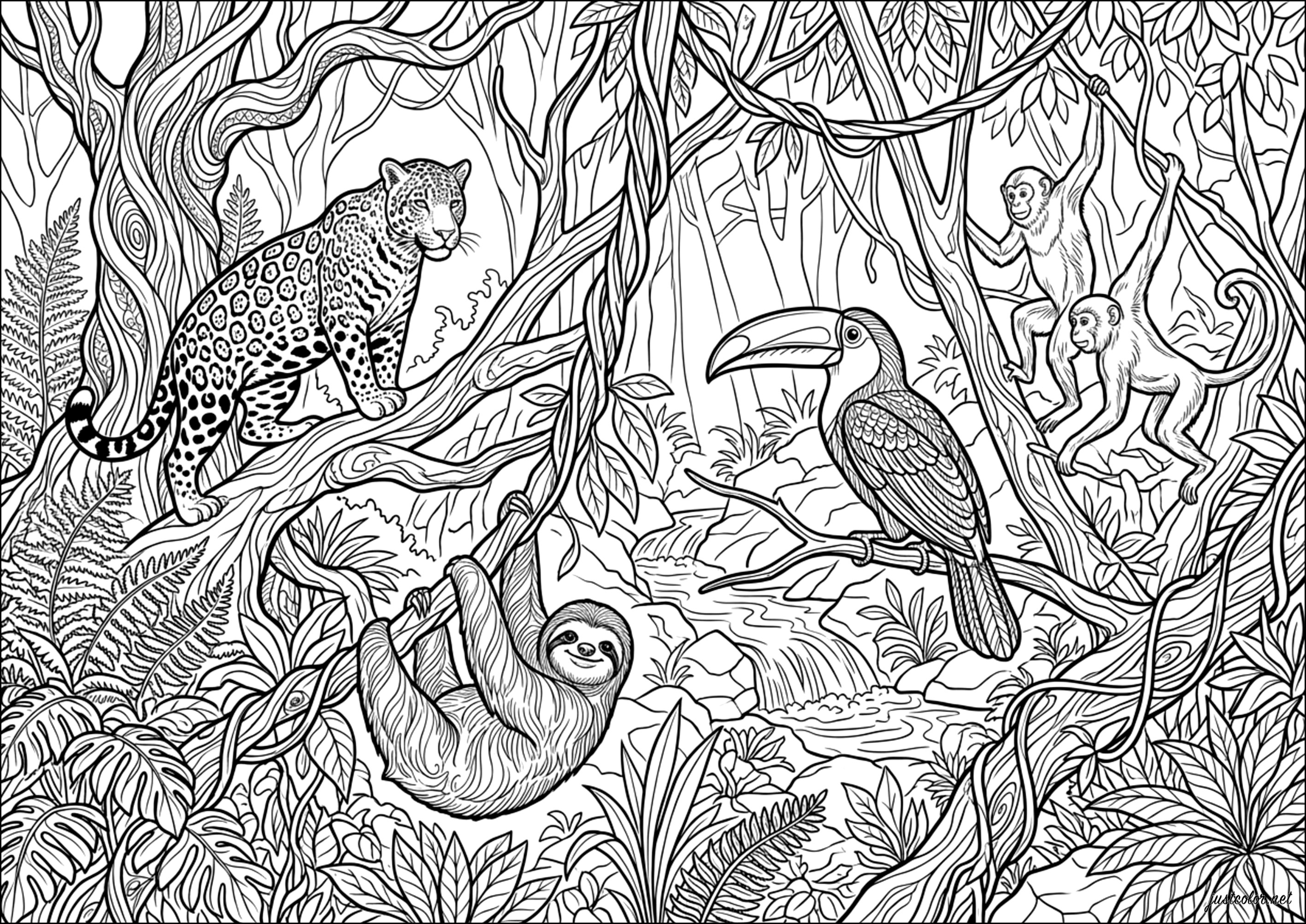 Tropische Dschungeltiere (Ausmalbild von Dschungel & Wald zum Ausdrucken und Ausmalen für Erwachsene)