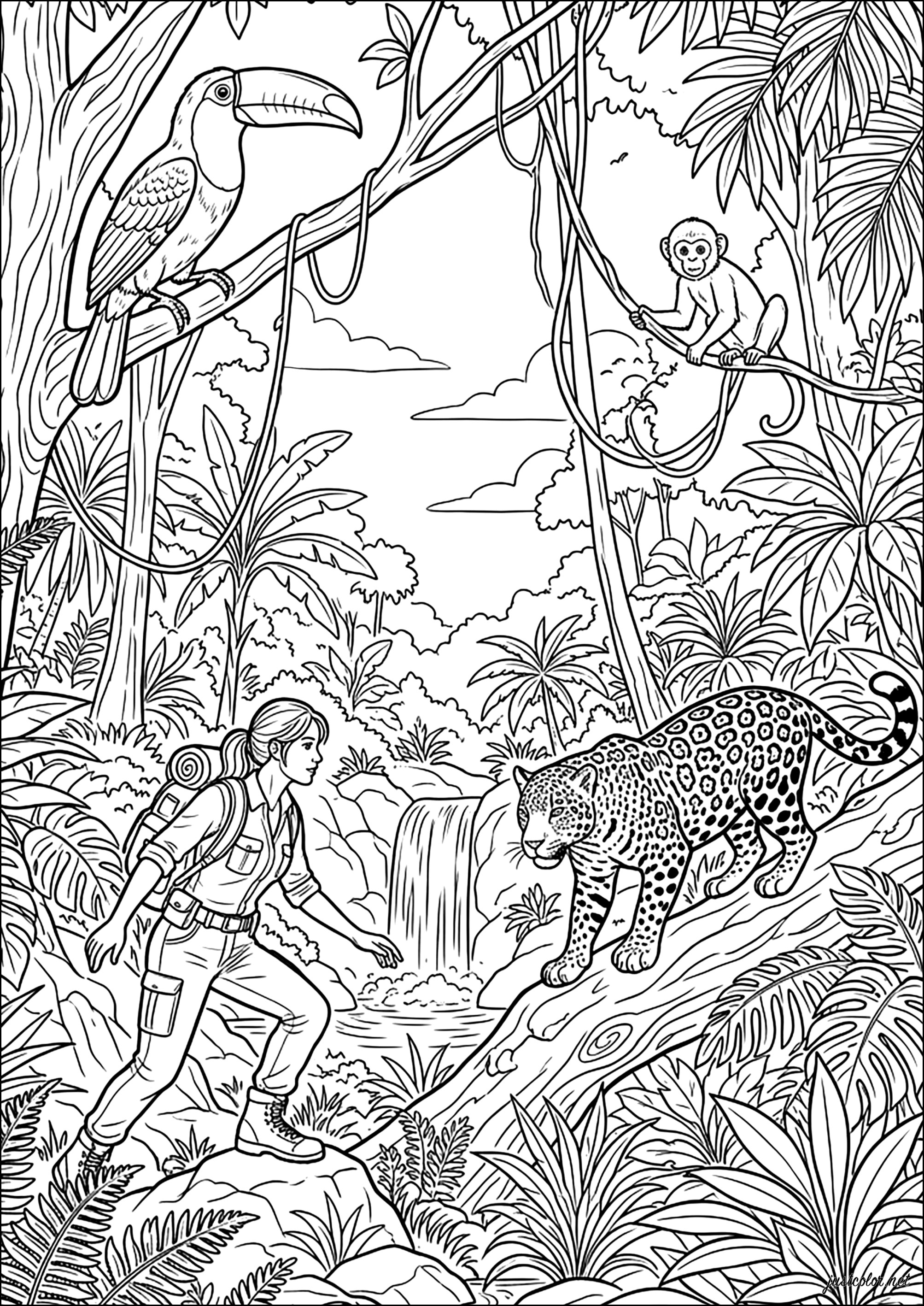 Der Entdecker und der Jaguar (Ausmalbild von Dschungel & Wald zum Ausdrucken und Ausmalen für Erwachsene)
