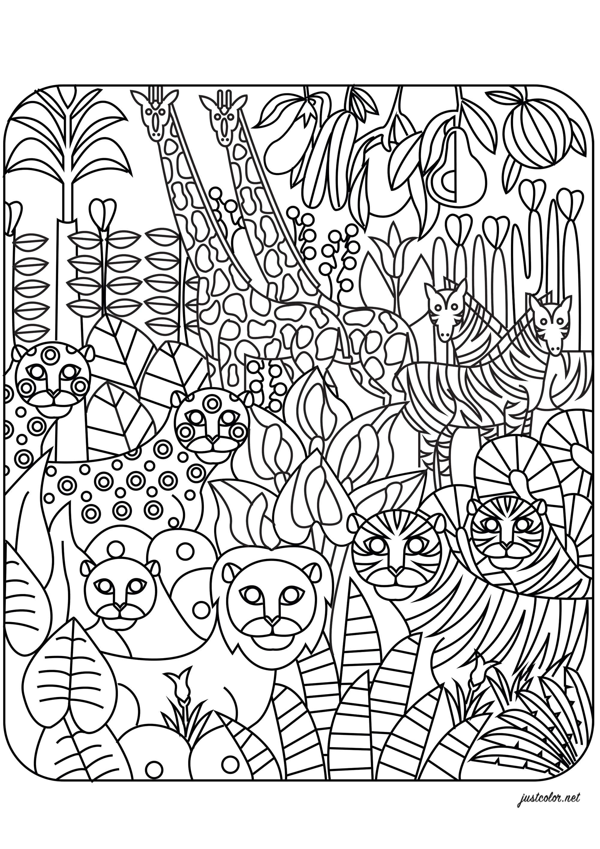 Verschiedene Tiere: Löwen, Tiger, Giraffen, Zebras ... (Ausmalbild von Dschungel & Wald zum Ausdrucken und Ausmalen für Erwachsene)
