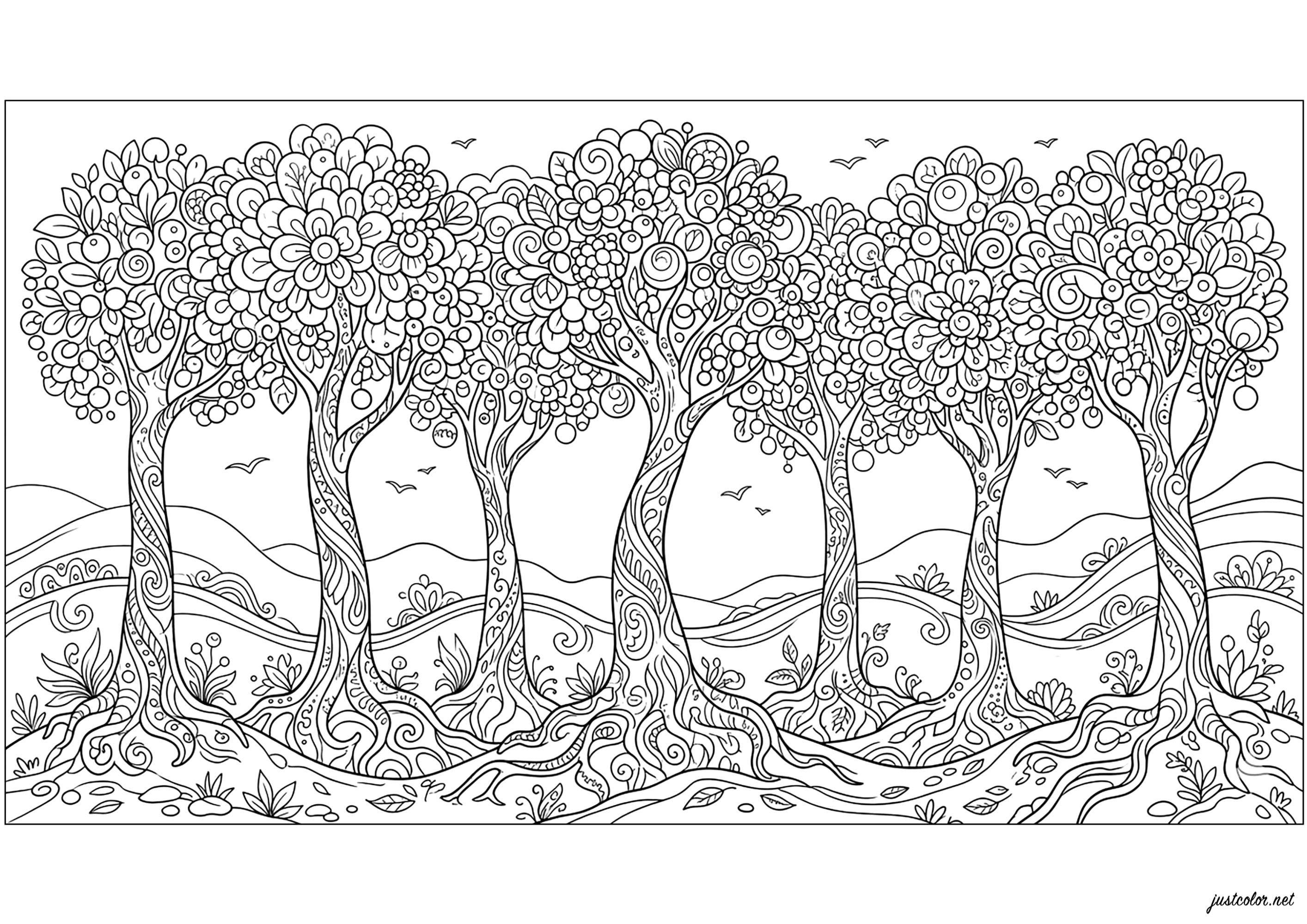 Traumwald mit magischen Bäumen (Ausmalbild von Dschungel & Wald zum Ausdrucken und Ausmalen für Erwachsene)