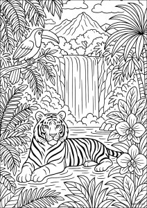 Majestätischer Tiger unter einem Wasserfall (Ausmalbild von Dschungel & Wald)