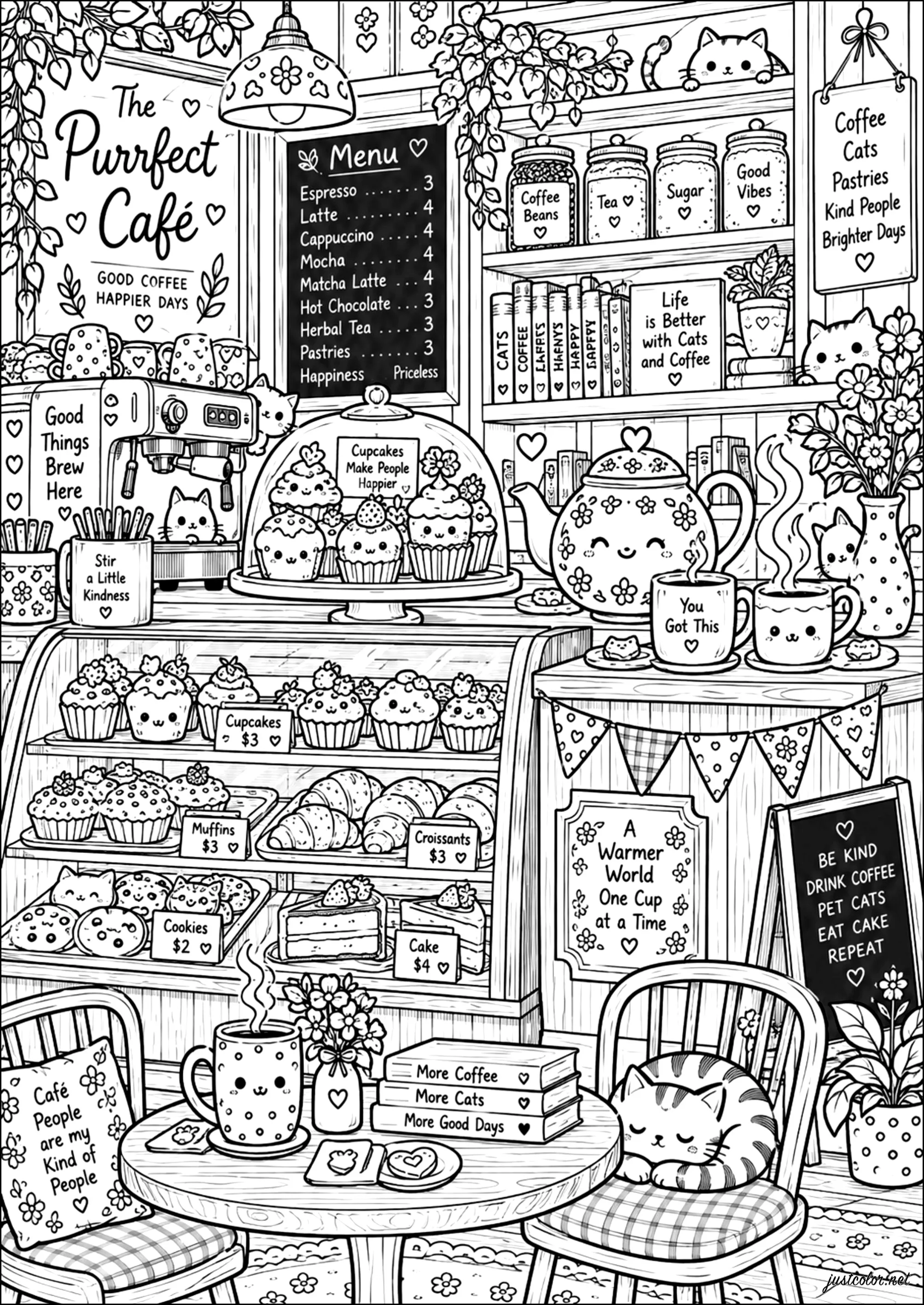 Eine süße Pause in einem Café-Patisserie (Ausmalbild von Kawaii zum Ausdrucken und Ausmalen für Erwachsene)