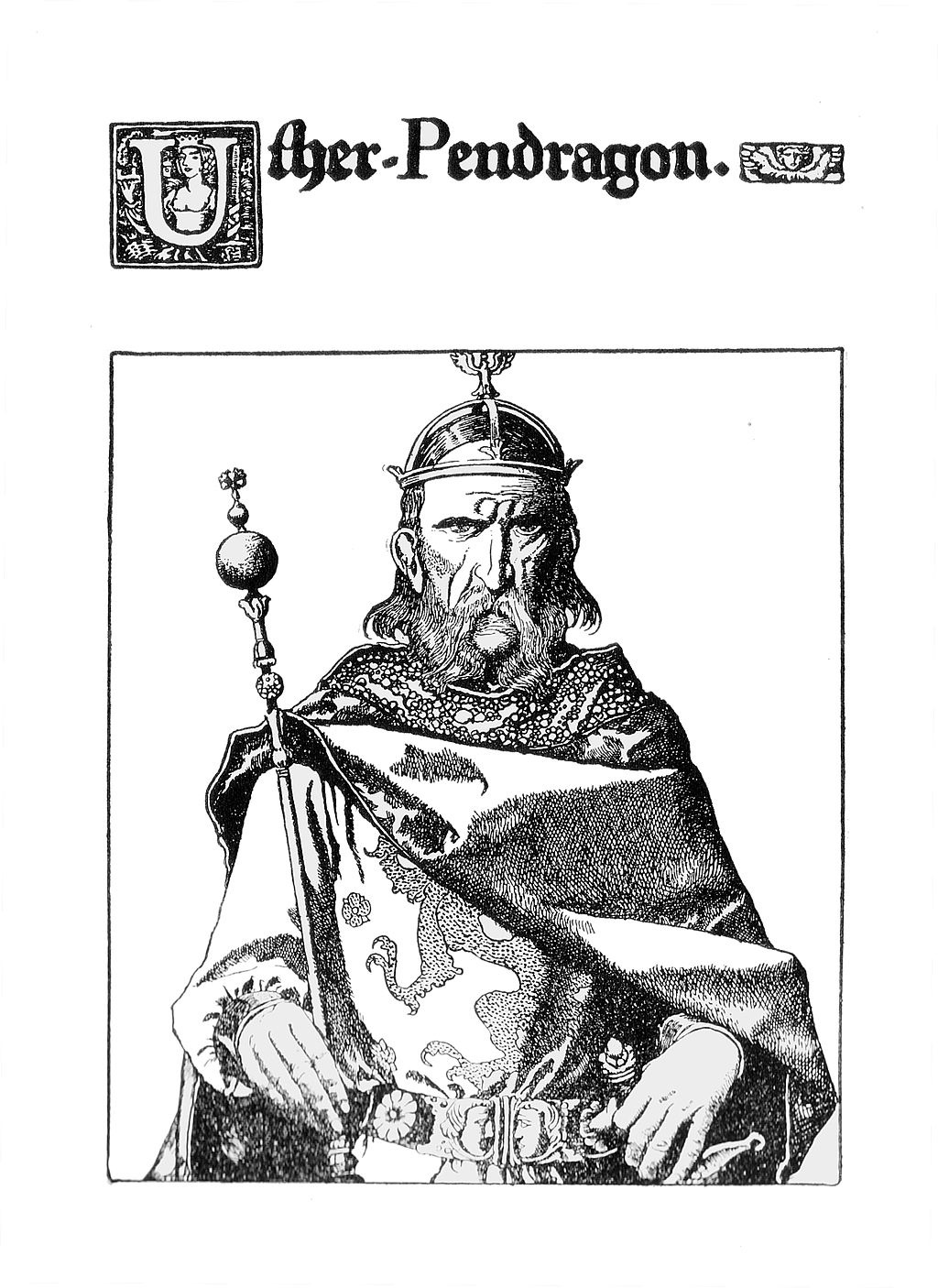 Uther Pendragon: König und Vater von König Artus in den Artuslegenden. Uther Pendragon war ein König der Bretagne, der gegen die Sachsen kämpfte, und der Vater von König Artus.Diese Zeichnung ist eine Illustration von Howard Pyle (1903)