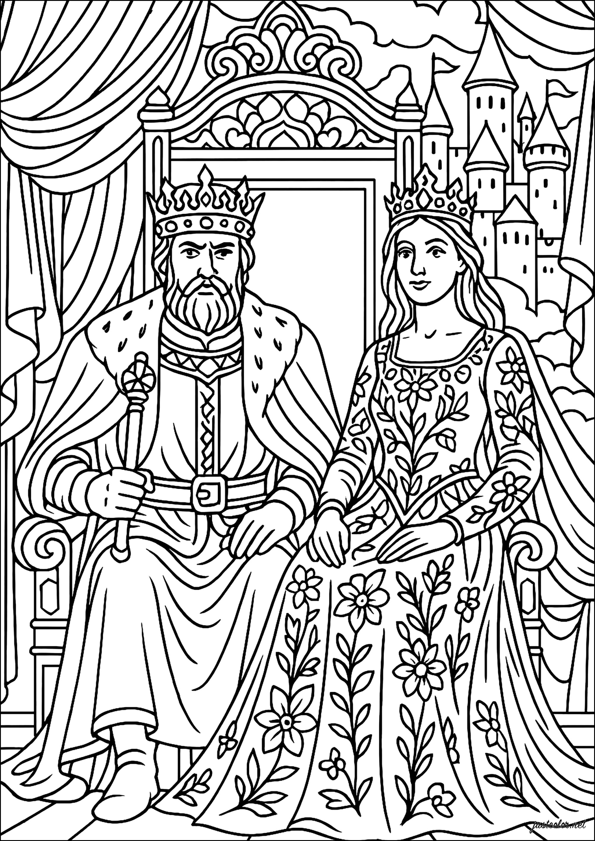 Monarchen auf dem Thron (Ausmalbild von Könige und Königinnen zum Ausdrucken und Ausmalen für Erwachsene)