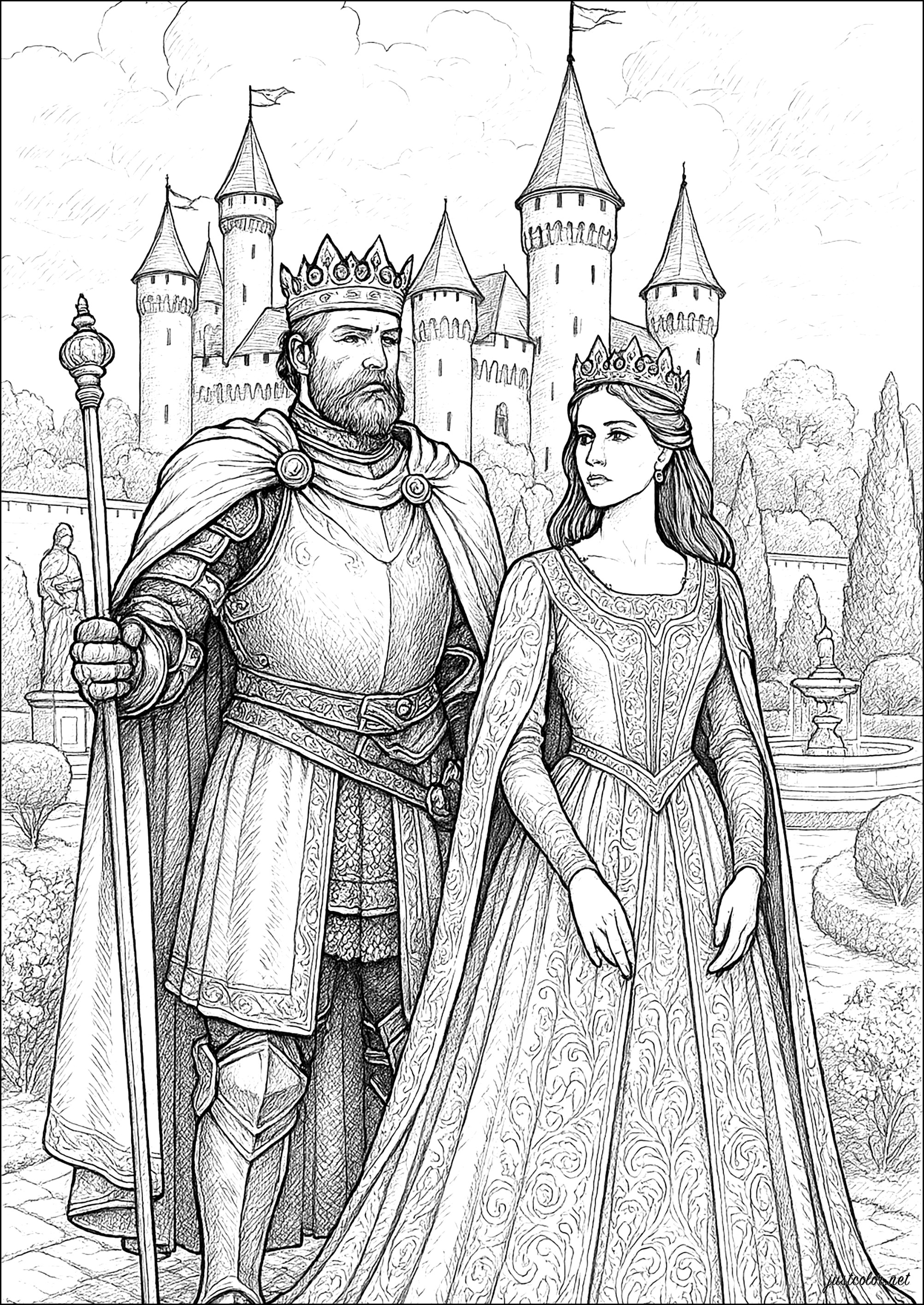 Monarchen vor ihrer Burg (Ausmalbild von Könige und Königinnen zum Ausdrucken und Ausmalen für Erwachsene)