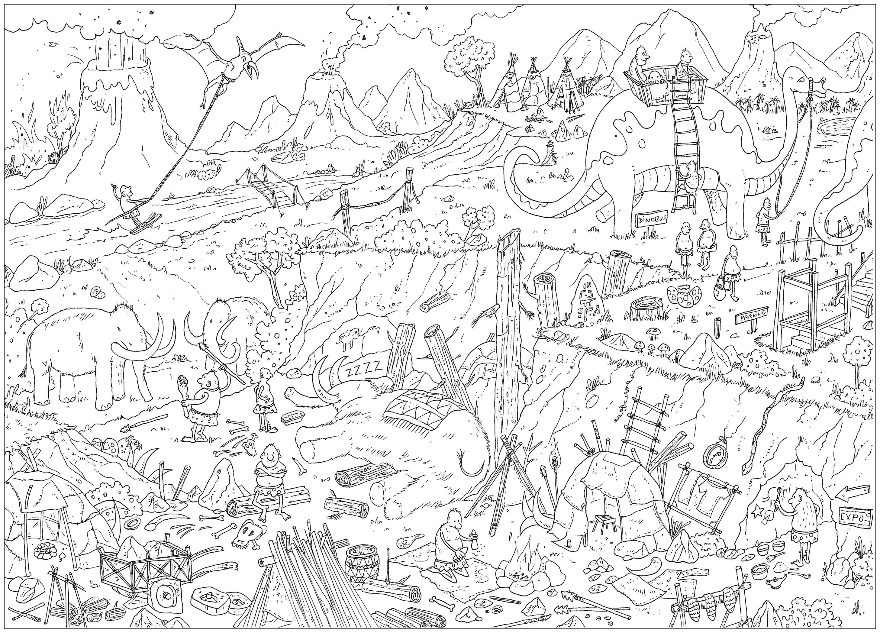 Vorgeschichte (Ausmalbild von Frédéric Brogard zum Ausdrucken und Ausmalen für Erwachsene)