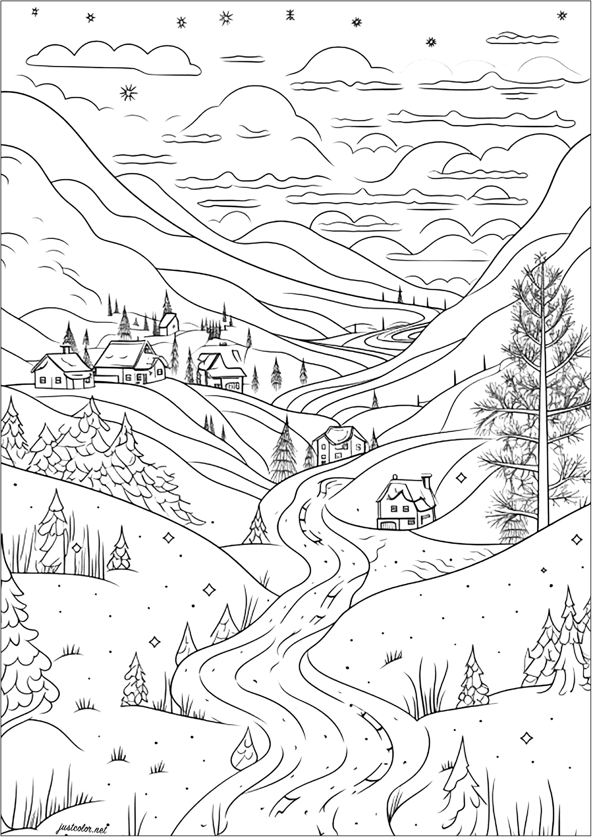 Ein hübsches, schneebedecktes Bergdorf (Ausmalbild von Landschaften zum Ausdrucken und Ausmalen für Erwachsene)