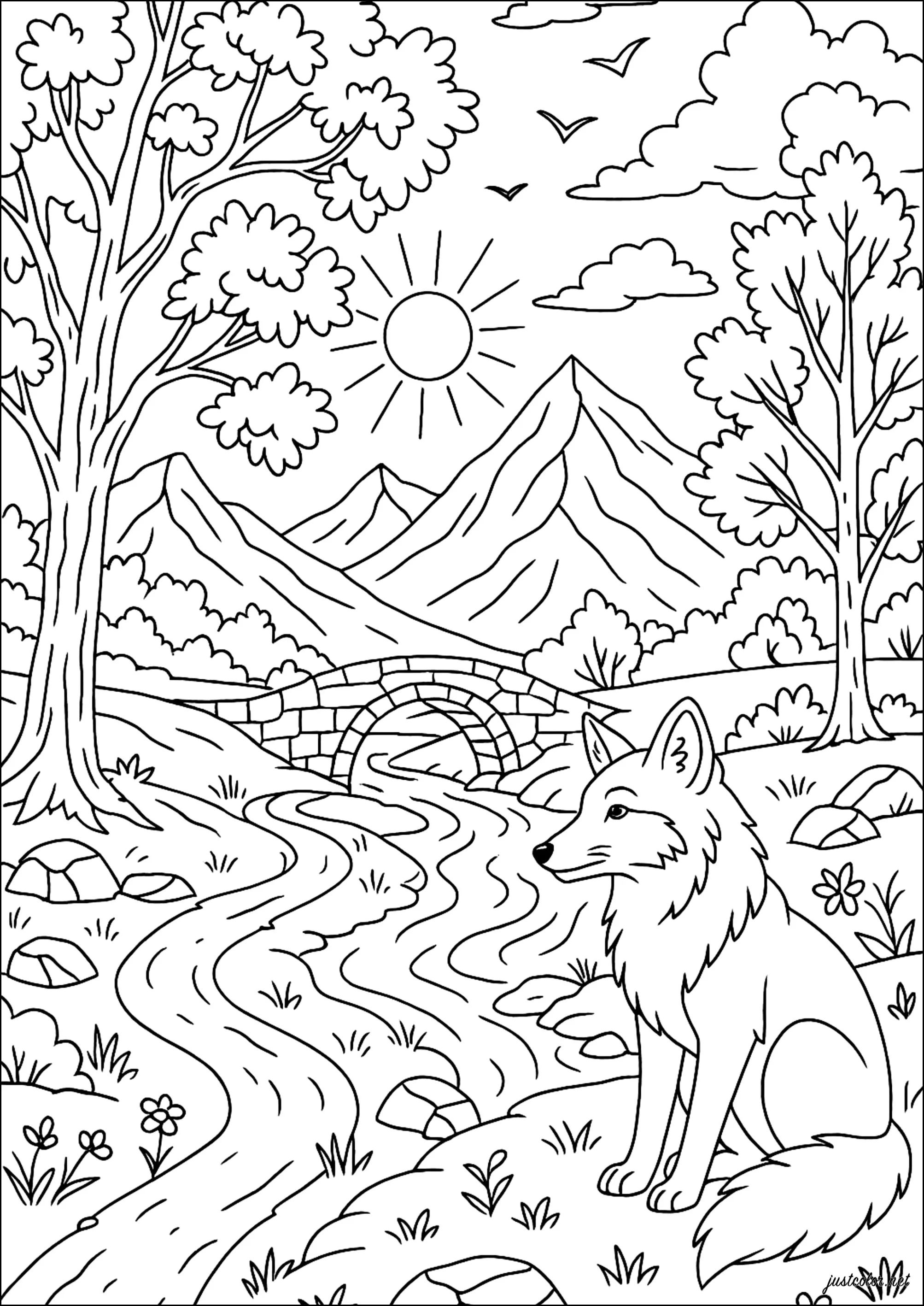 Fuchs am Rand eines Bergbachs (Ausmalbild von Landschaften zum Ausdrucken und Ausmalen für Erwachsene)