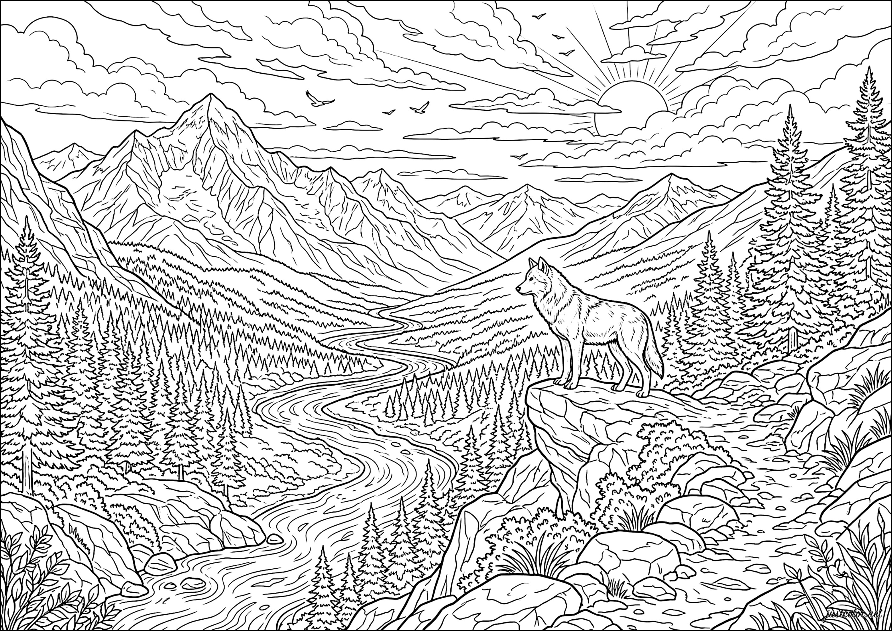 Wolf, Gebirgiger Horizont und Mäandernder Fluss (Ausmalbild von Landschaften zum Ausdrucken und Ausmalen für Erwachsene)