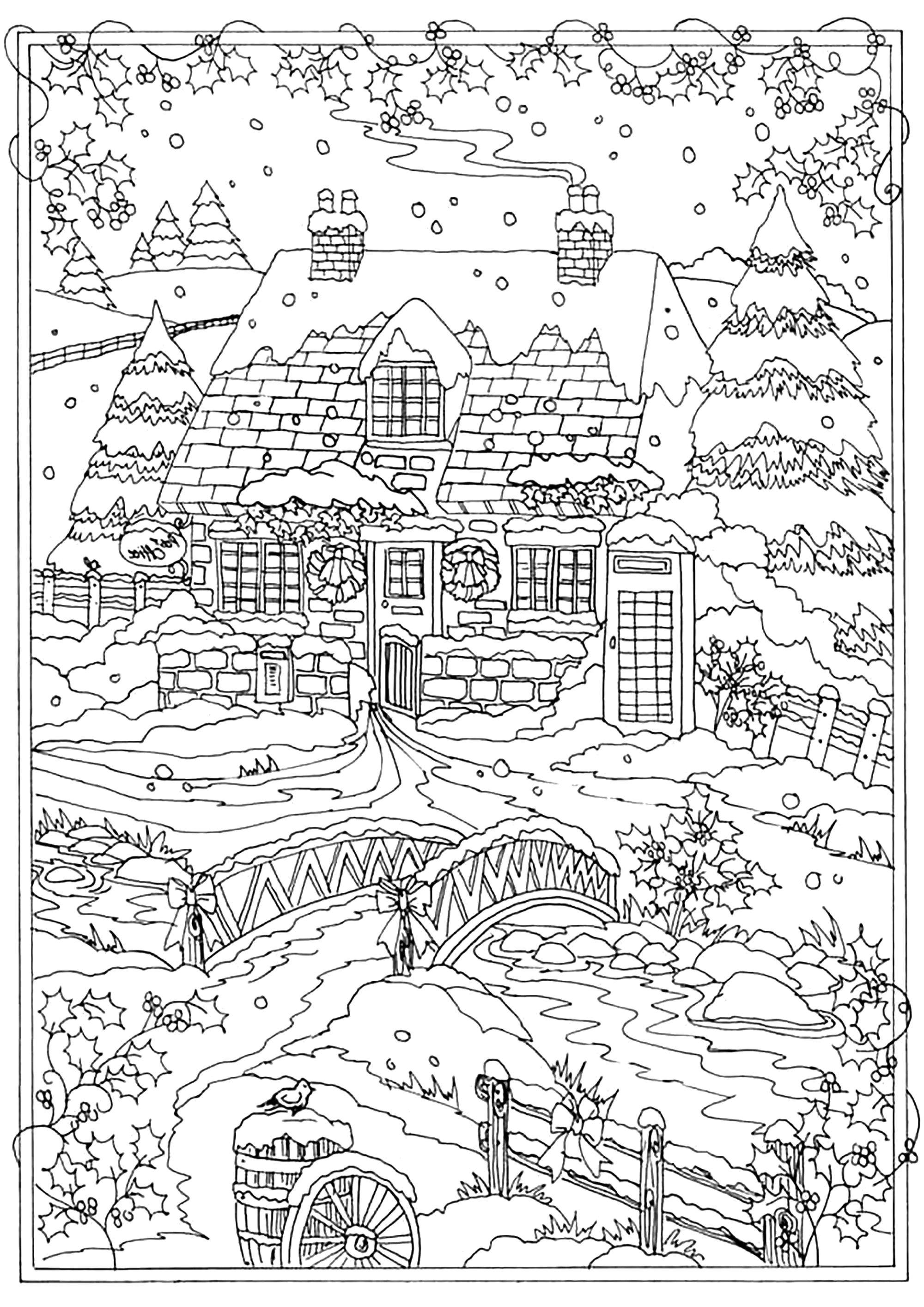 Schöne Schneelandschaft (Ausmalbild von Landschaften zum Ausdrucken und Ausmalen für Erwachsene)