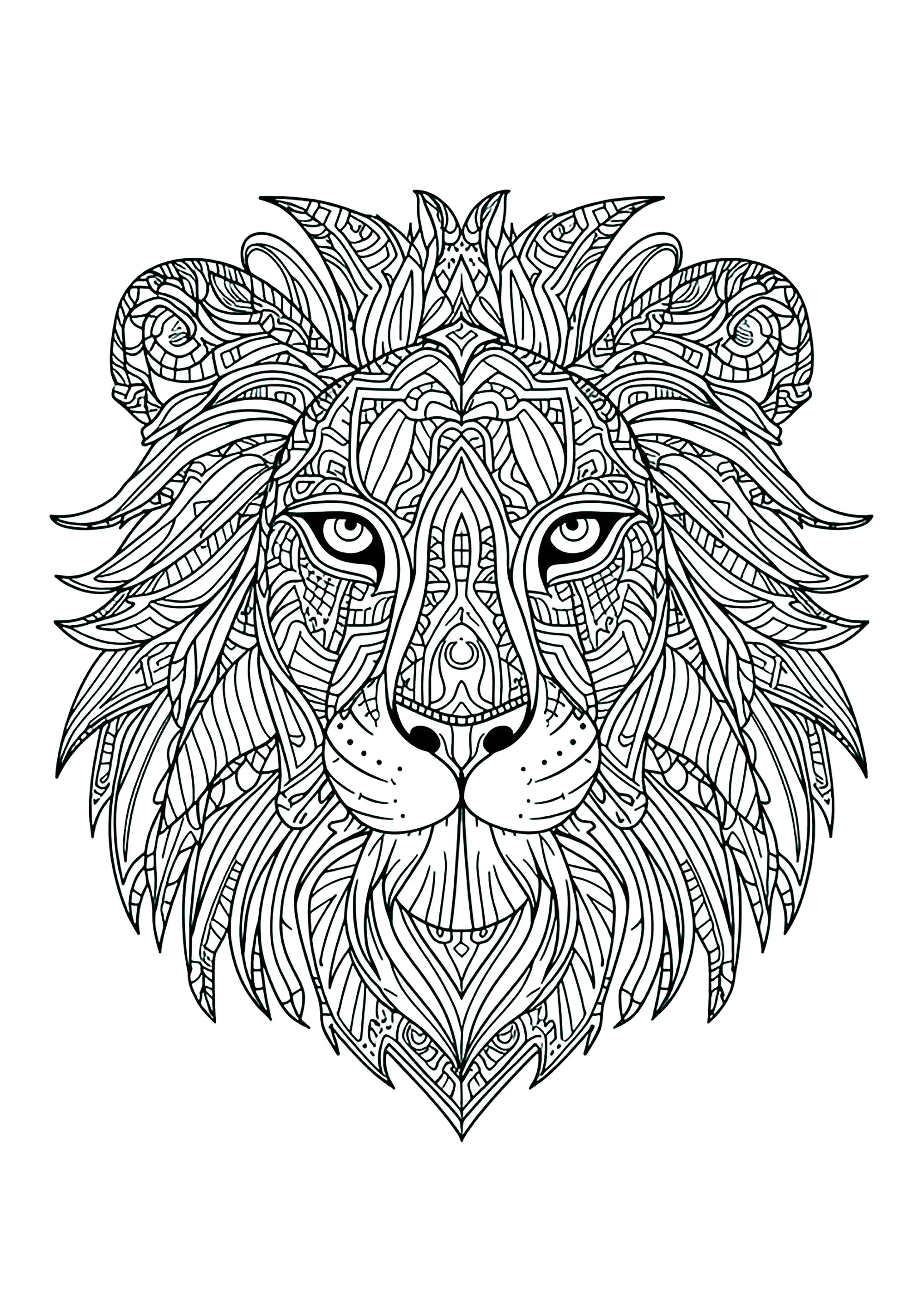 Löwenkopf mit vielen verschlungenen Motiven (Ausmalbild von Löwen zum Ausdrucken und Ausmalen für Erwachsene)