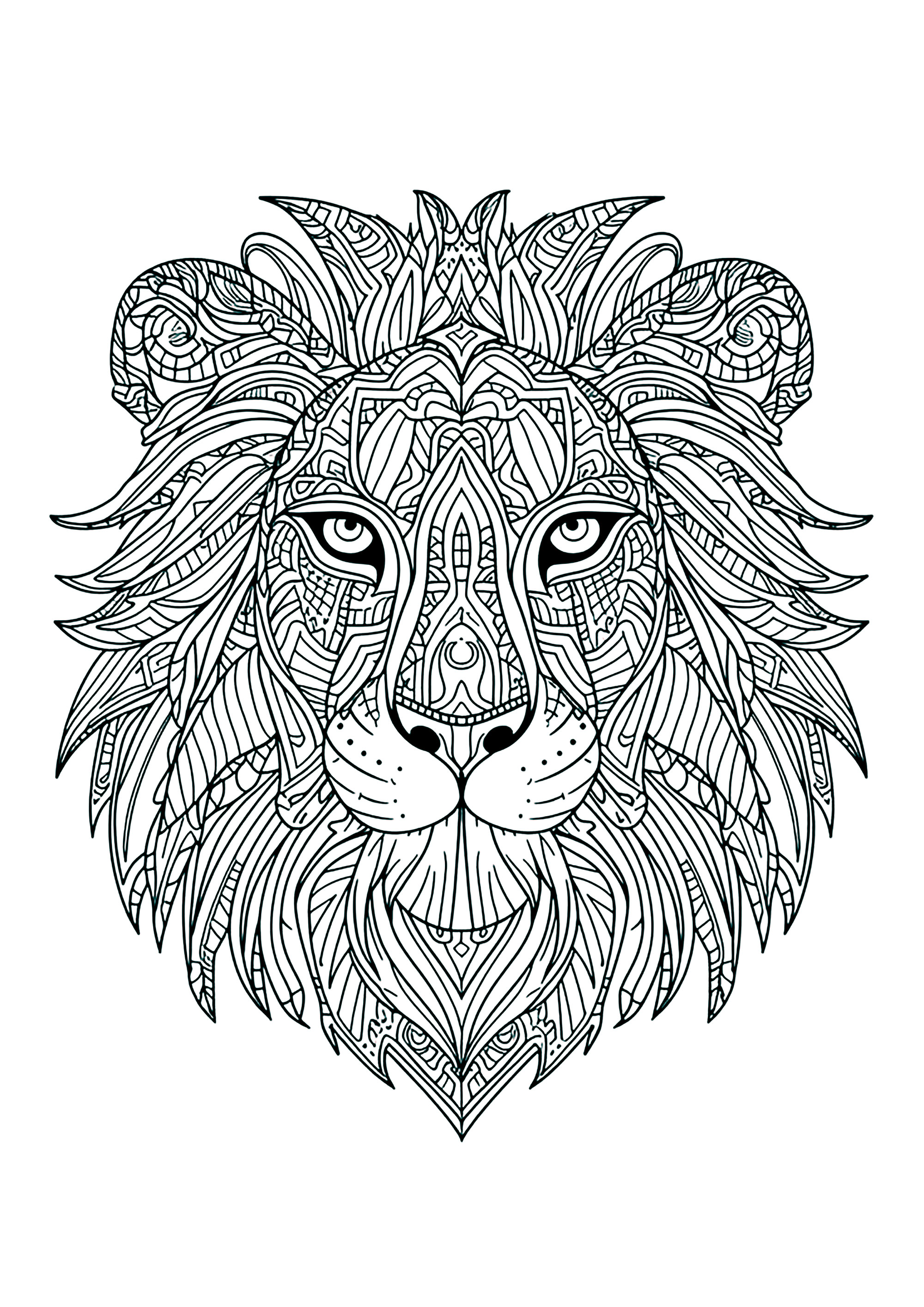 Prachtiger Löwenkopf mit komplexen, harmonischen Motiven (Ausmalbild von Löwen zum Ausdrucken und Ausmalen für Erwachsene)