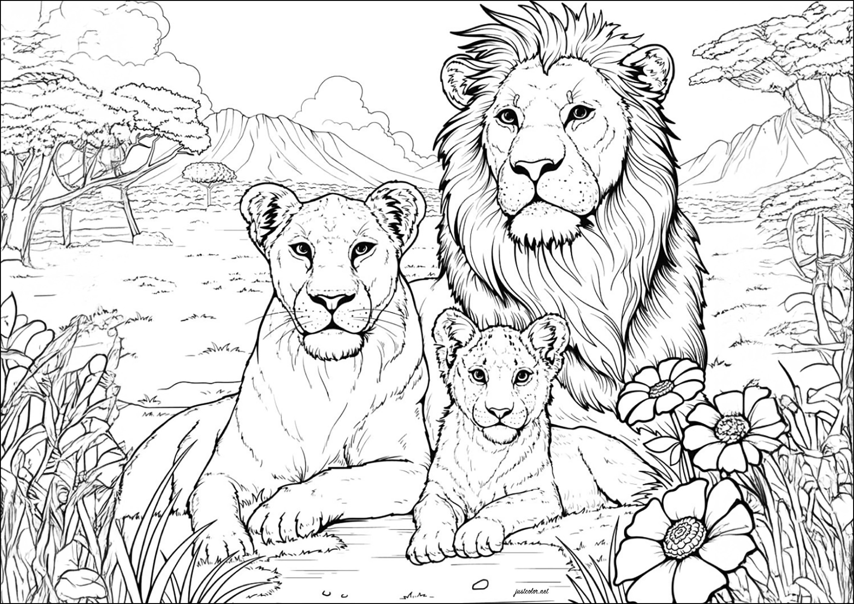 Familie Löwe (Ausmalbild von Löwen zum Ausdrucken und Ausmalen für Erwachsene)