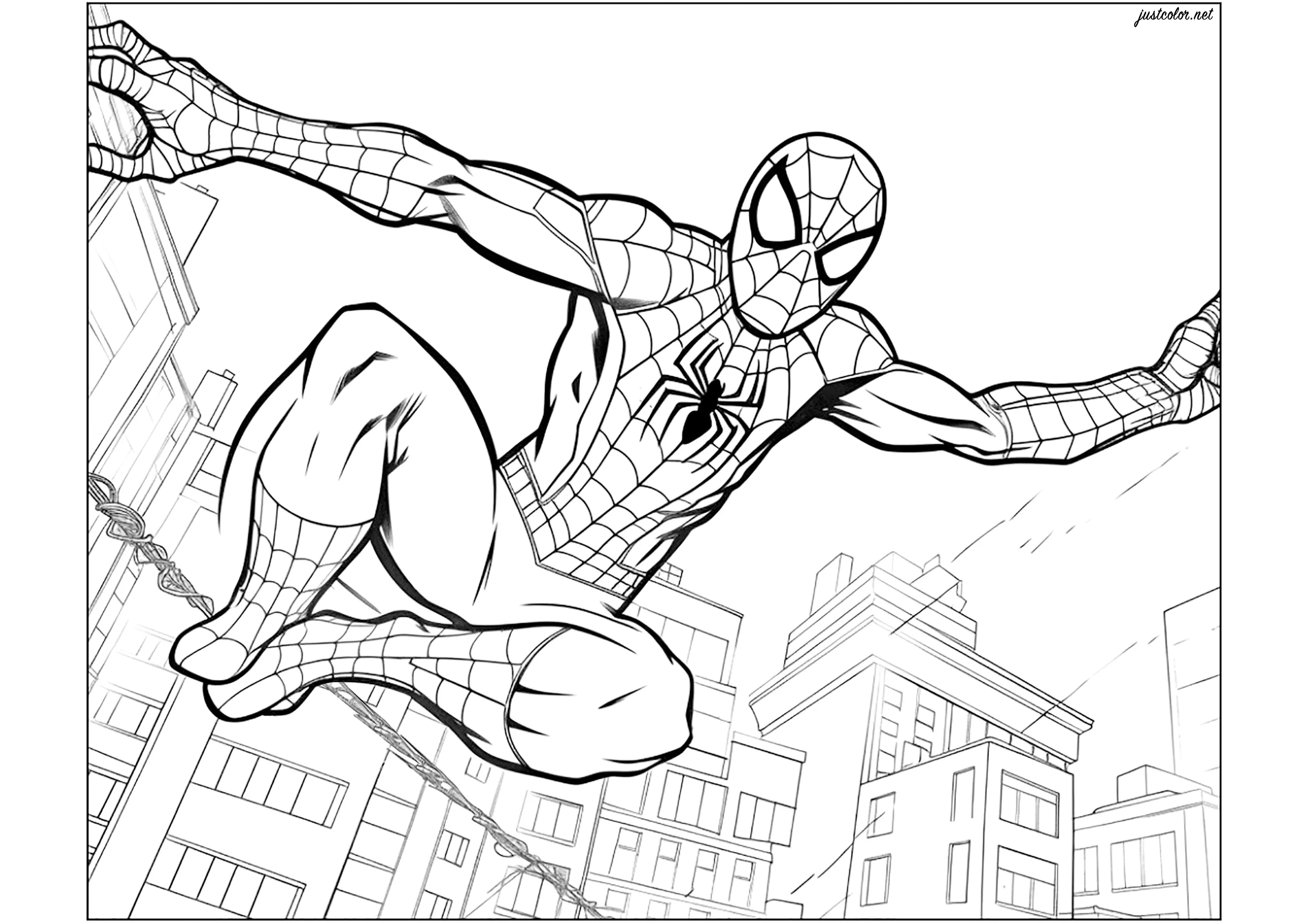 Spiderman über den Dächern von New York City (Ausmalbild von Bücher & Comics zum Ausdrucken und Ausmalen für Erwachsene)
