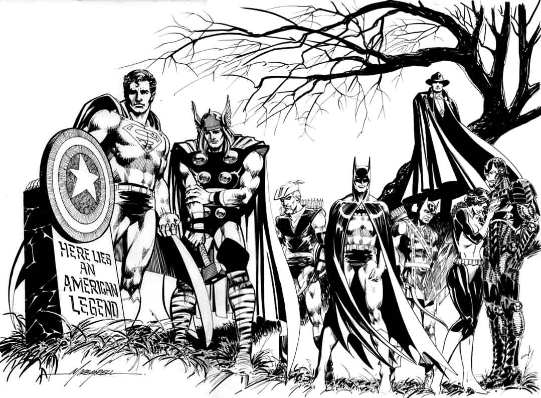 Beerdigung mit DC Comics und Marvel-Helden: Superman, Thor, Hawkeye, Batman, Iron Man ...